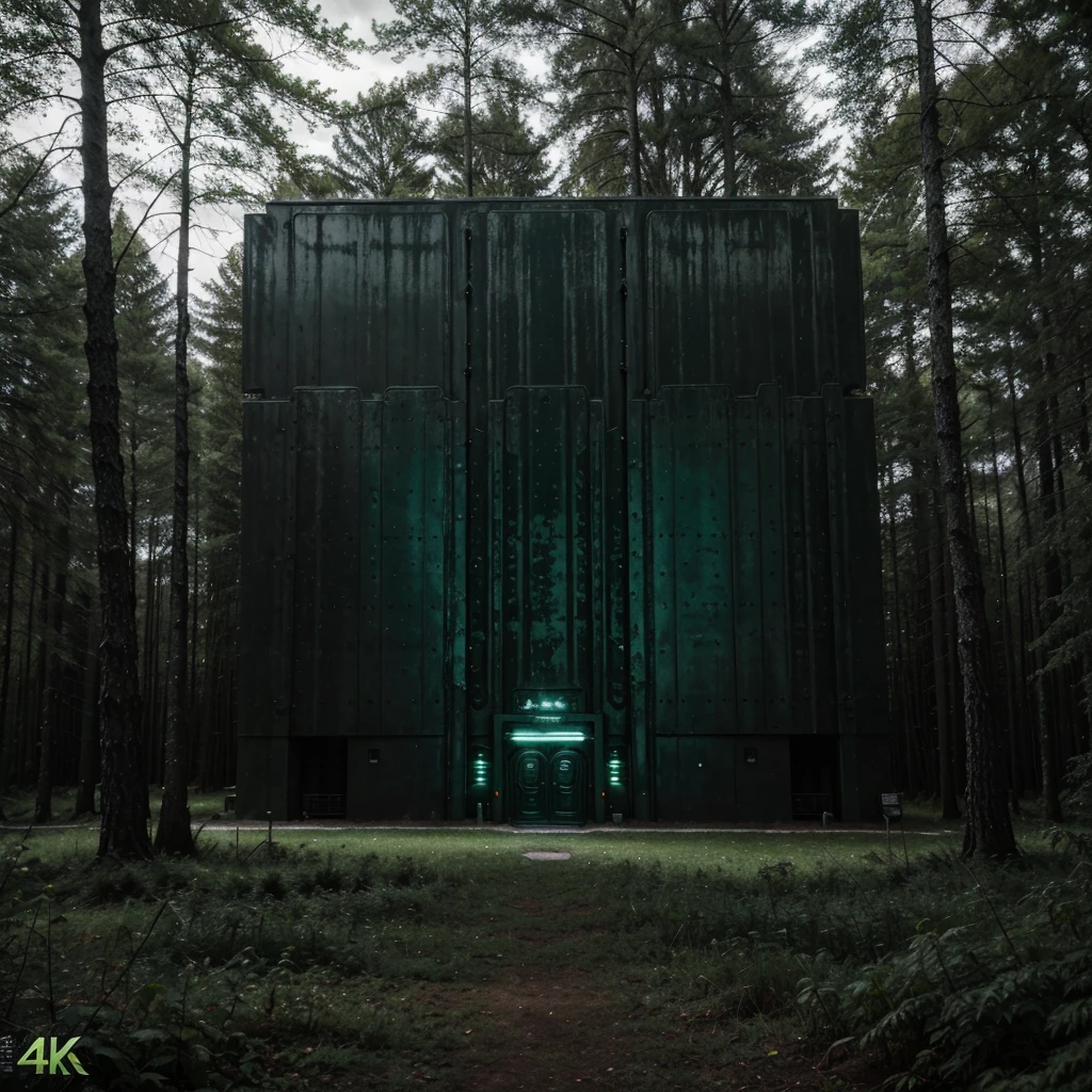 A futurist storage in forest. Scene of a futuristic war on a sci fi planet lot of details,cloudy day, dark lights cinematic lights best quality,4k,8k,highres, t Dark and green landscapeatmosphere that conveys sadness, 8k, ultra realistic, dramatic lighting.