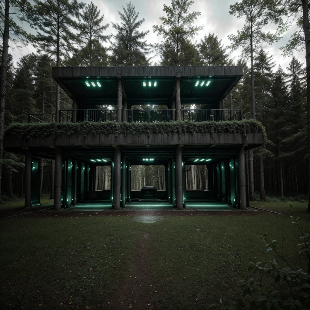 A futurist storage in forest. Scene of a futuristic war on a sci fi planet lot of details,cloudy day, dark lights cinematic lights best quality,4k,8k,highres, t Dark and green landscapeatmosphere that conveys sadness, 8k, ultra realistic, dramatic lighting.