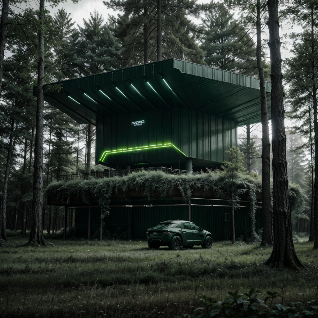 A futurist storage in forest. Scene of a futuristic war on a sci fi planet lot of details,cloudy day, dark lights cinematic lights best quality,4k,8k,highres, t Dark and green landscapeatmosphere that conveys sadness, 8k, ultra realistic, dramatic lighting.