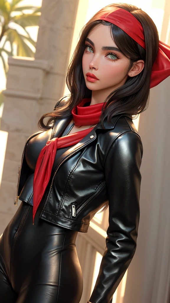 gorgeous Italian model, looks like Madison Beer, (mature woman), ((full lips)), very big lips, full lips, ((extra big lips)), increased lips, (light green beautifull eyes), very confident face expression, long eyelashes, long oval face, (((square cheekbones))), (sharp cheekbones, sharp cheek, square cheek,) ((slim face)), strict face, medium length black hair, straight hair, perfect hair, shiny face, pale face, ((wide hips)), narrow waist, big breasts, fit ass, gorgeous light, black biker leather jacket, long jacket, leather black trousers, (((front view))), ((standing in front of us)), posing for a picture, on the road, palms,  (((red bandanna on hair)))