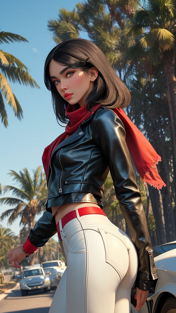 gorgeous Italian model, looks like Madison Beer, (mature woman), ((full lips)), very big lips, full lips, ((extra big lips)), increased lips, (light green beautifull eyes), very confident face expression, long eyelashes, long oval face, (((square cheekbones))), (sharp cheekbones, sharp cheek, square cheek,) ((slim face)), strict face, medium length black hair, straight hair, perfect hair, shiny face, pale face, ((wide hips)), narrow waist, big breasts, fit ass, gorgeous light, black biker leather jacket, long jacket, leather black trousers, (((front view))), ((standing in front of us)), posing for a picture, on the road, palms, (((red bandanna on hair)))