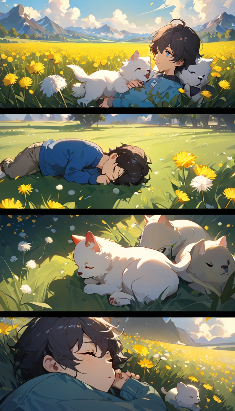 masterpiece, best quality, 8k, 4k, 1boy, ???, sleeping, dark blue hair with red stripes, blue long sleeve shirt, short pale brown pants with pocket, lay down on the field, a small white furry puppy sleeping next to the boy, cute round siberian white puppy, dandelions fields, dandelions, wind blowing, sleeping on the fields, finely detailed eyes and detailed face, inspired by Asukaziye artist : ask, art style : ask