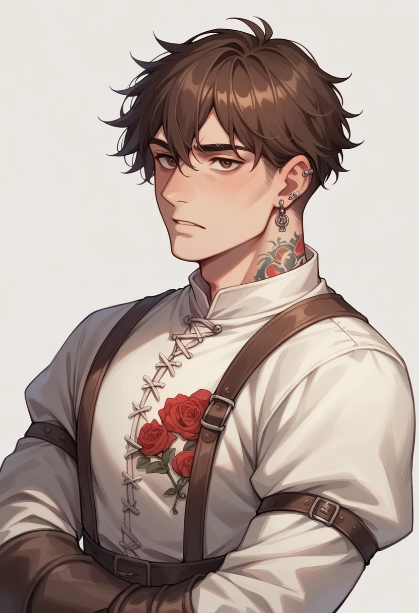 A white man, short brown hair, medieval clothes, a piercing gaze and red tattoos on your face.