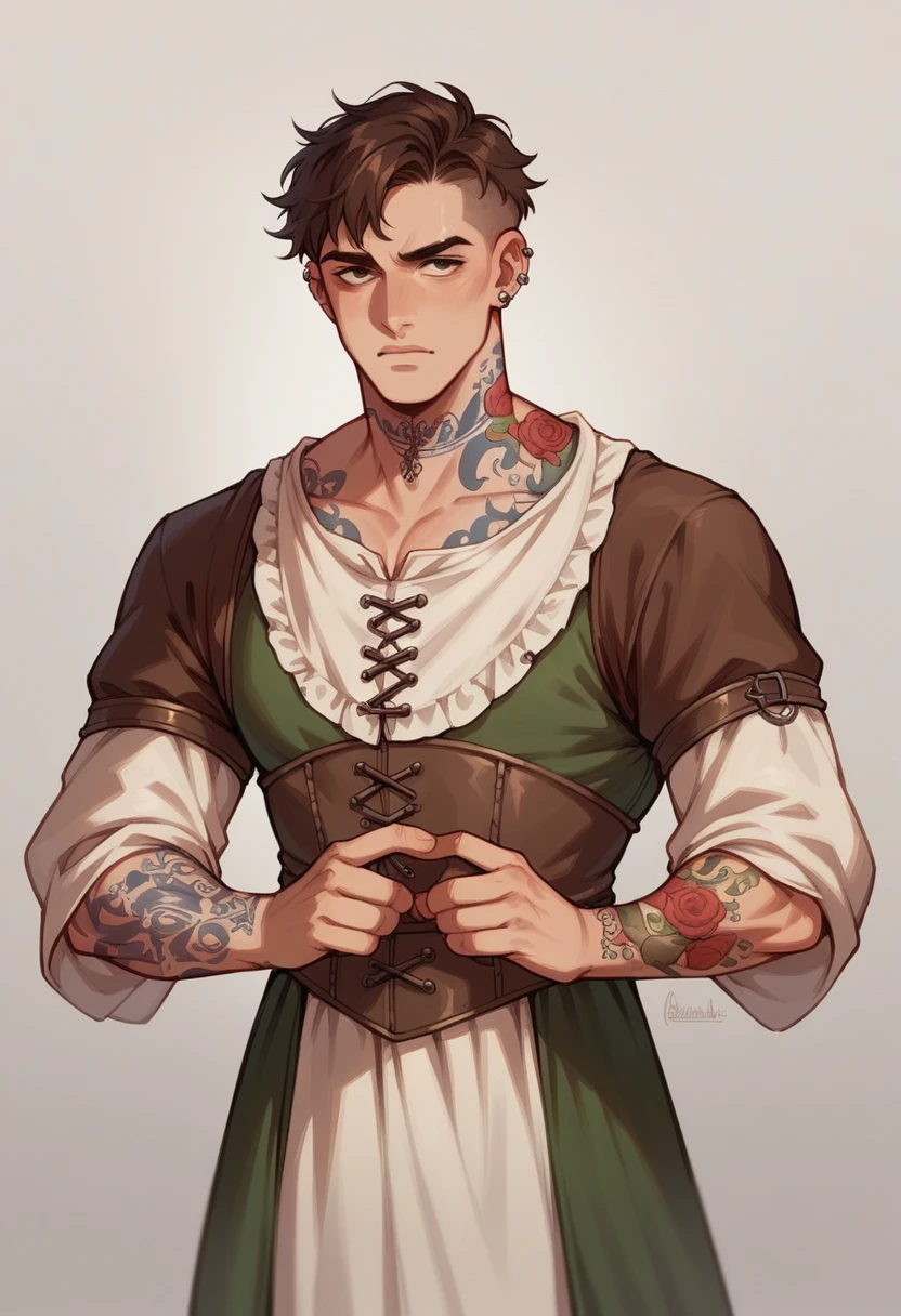 A white man, short brown hair, medieval clothes, a piercing gaze and red tattoos on your face.