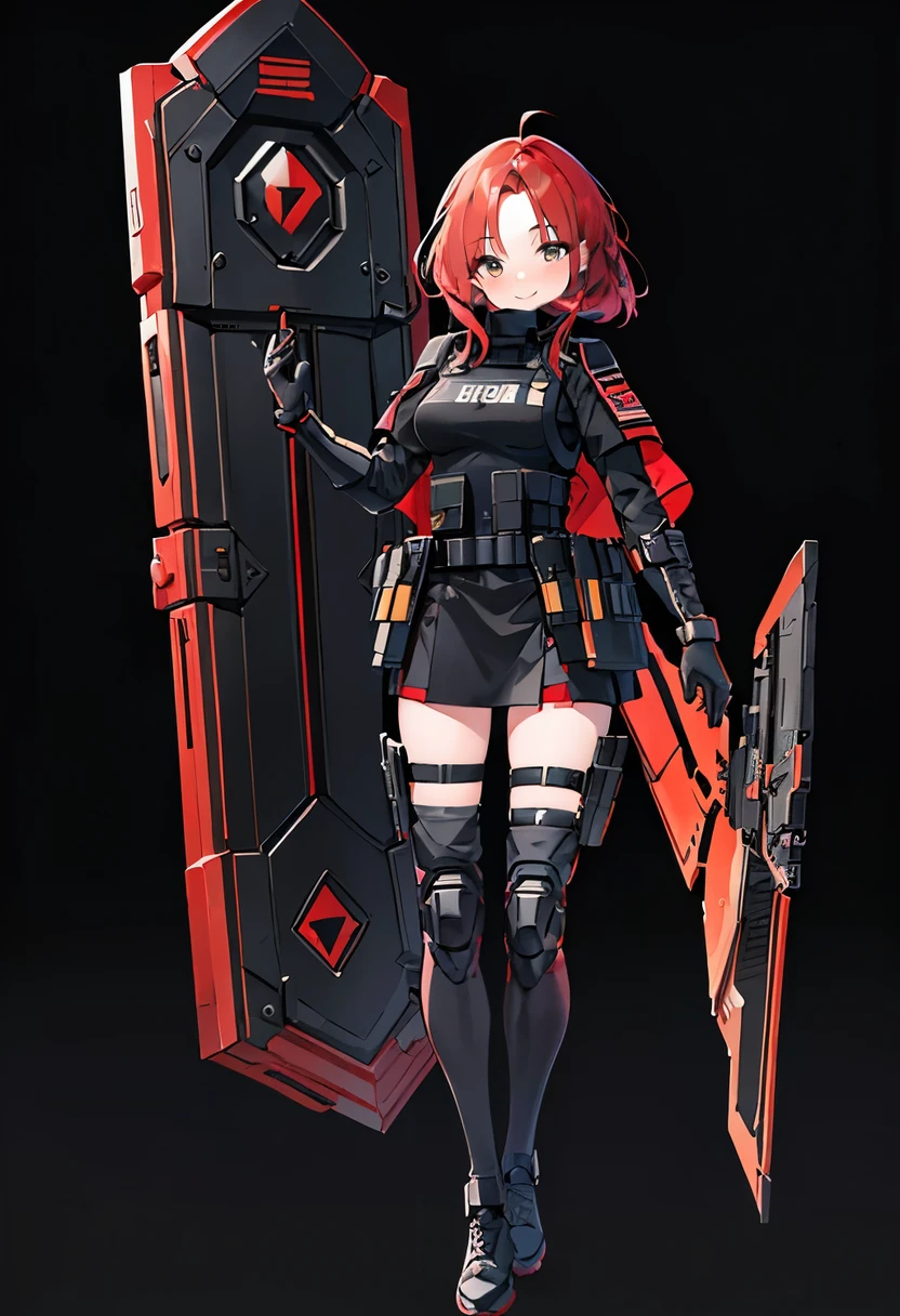 masterpiece, high quality,1 girl, full body, standing, security guard, Special Assault Team, special forces, ((holding super large shield)), black wear, modern, cute, smiling, bright, holding gun, forehead, red hair, medium hair, ((medium length hair)), innocent, cute, ((black background)), ((simple background)), Aurora Arknights, ((have a calm look))