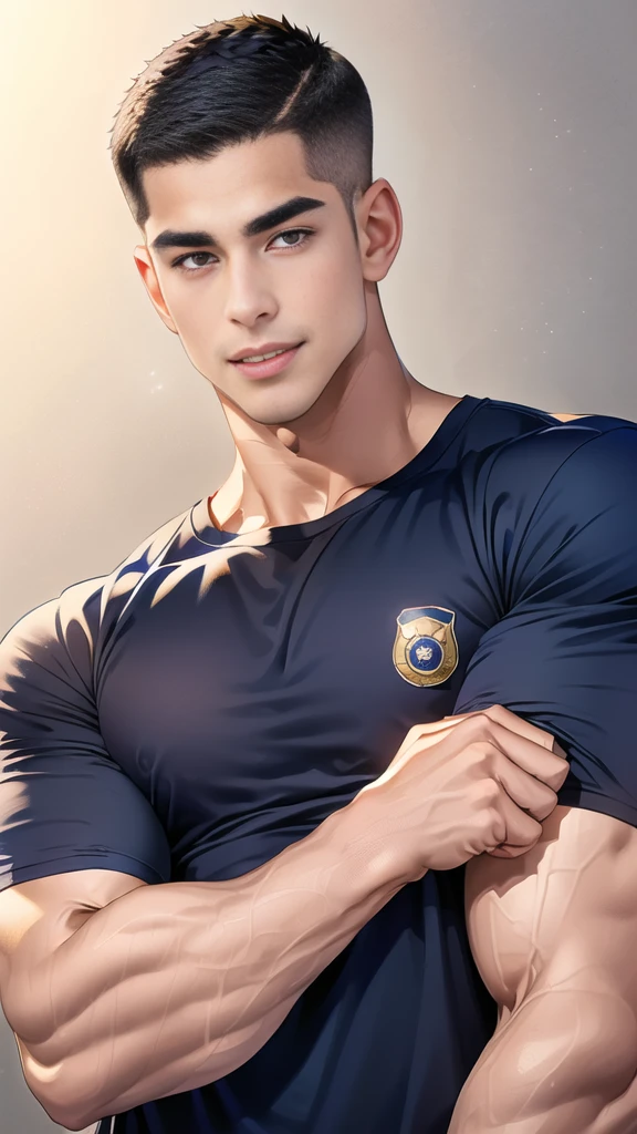 (handsome Man),(crew cut short hair:1.8),black eye,(Wear a fitted round neck t-shirt in navy with a police badge.:1.5),(fit neck),Navy blue jeans,(black_gloves:1.2), Korean guy,chest muscles,large arm muscles,blood vessel,Big muscles,Broad shoulders, (open mouth:1.2),(face up:1.2),(open eyes:1.5), middle of the road,smile, In front of the bread shop