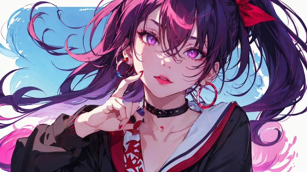 hair above one eye, Purple eyes, Clear Eyes, choker, Neon Shirt, torn legwear, open jacket、Blue pubic hair catches my eye,Bright red background、Red background, graffiti, Shineing grafiti, Shineing tattoos, Shine, Neon Light, Black light,Anime Style, movie portrait photography, 1 female, 22 years ago, Whole Body Ezbian,Big and ample breasts, anger, (Scarlet Hair), Long Hair, Purple eyes, wearing a short black dress, (Natural skin texture vivid details, Surreal, (Realistic eyes, Natural skin texture, Realistic facial details), Soft and dramatic lighting, Written boundary depth, Bokeh, vivid details, Surreal, 35mm movie, Absent-minded, movie,lipstick, ear piercing, eye shadow, Hoop Earrings, red pink lips, multicolored red eyes, Red background,Beautiful Eyes,Bold Pose、Strike a Pose,upper ponytail,drooping bangs,Droopy eyes、((school uniform))、high school girl