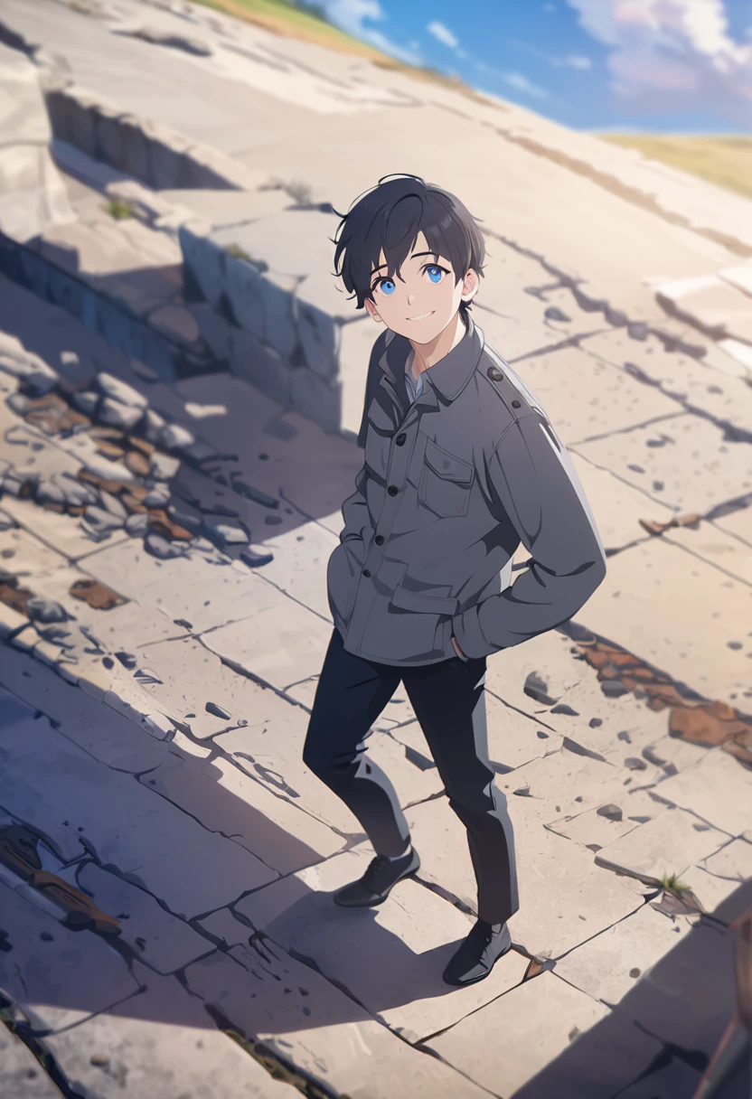 masterpiece,depth of field,8K,looking at the viewer,Grey coat,looking up,black leather shoes,black hair,blue eyes,afternoon,sky,man,hands in pockets,smiling
