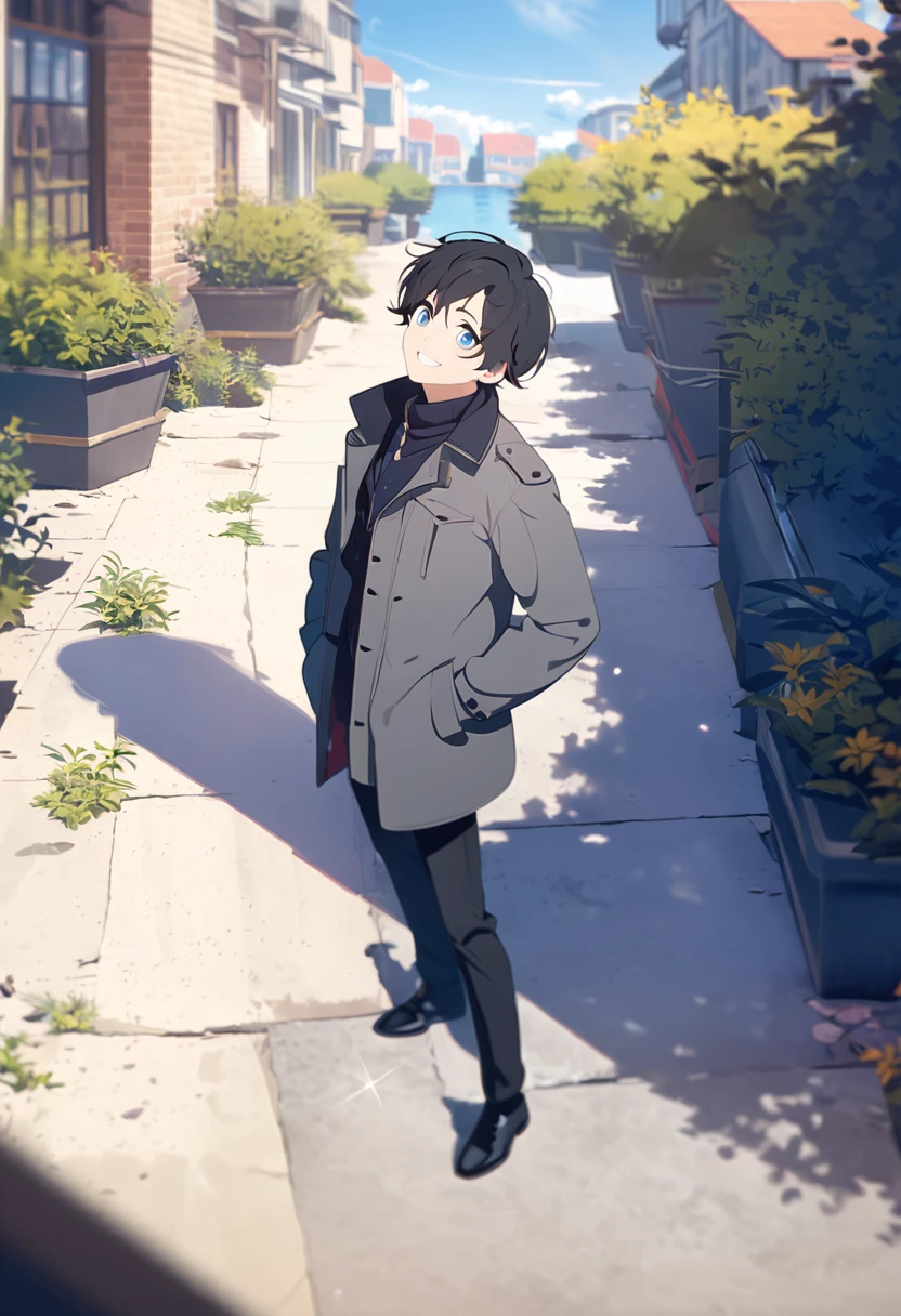 masterpiece,depth of field,8K,looking at the viewer,Grey coat,looking up,black leather shoes,black hair,blue eyes,afternoon,sky,man,hands in pockets,smiling
