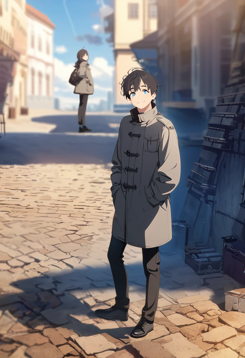 masterpiece,depth of field,8K,looking at the viewer,Grey coat,looking up,black leather shoes,black hair,blue eyes,afternoon,sky,man,hands in pockets,smiling