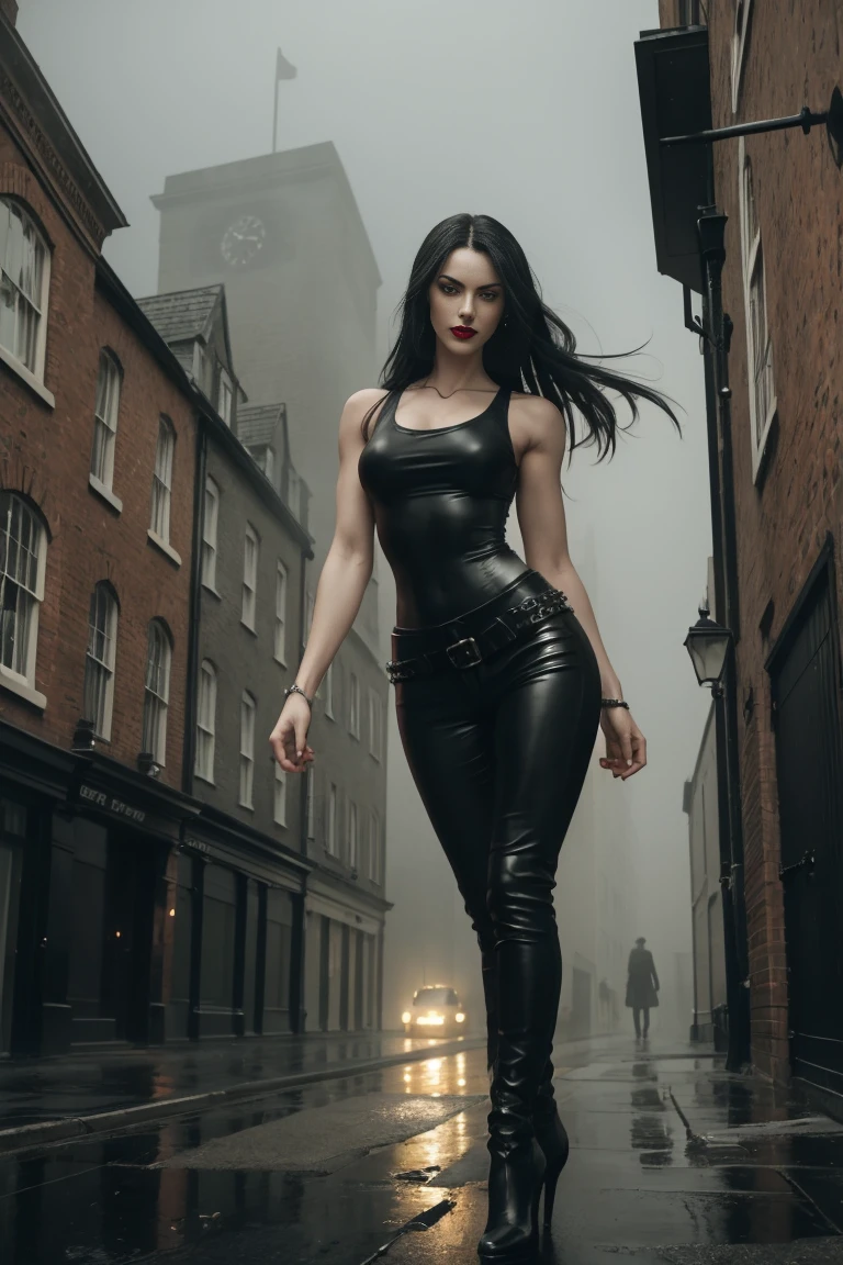 Full body shot a beautiful 25 years old British female vampire, long black hair, green eyes, red lips, muscular body, protruding incisors, satanic smile, tight black sleeveless tank top with a deep neckline and black leather tight pants, mid-thigh black leather boots with bird heels view from front, waist up shot, dynamic pose, dark gloomy foggy night in victorian era london, desolate deserted street scene, epic mood, dark shadows, fog, rain, lightning, background foggy, eerie shadow detailed high resolution digital photo