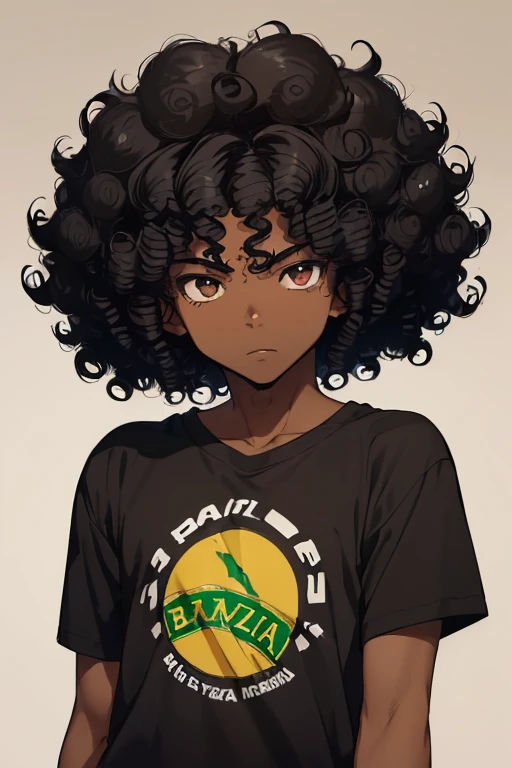 (1 boy),(anime),(young),( teenager),(height 1.80),(short and curly black hair Brazilian afro style: 1.5),(black skin color:1.5),(Average physical height of a teenager), (black brown eyes), (Brazilian nationality: 1.5)