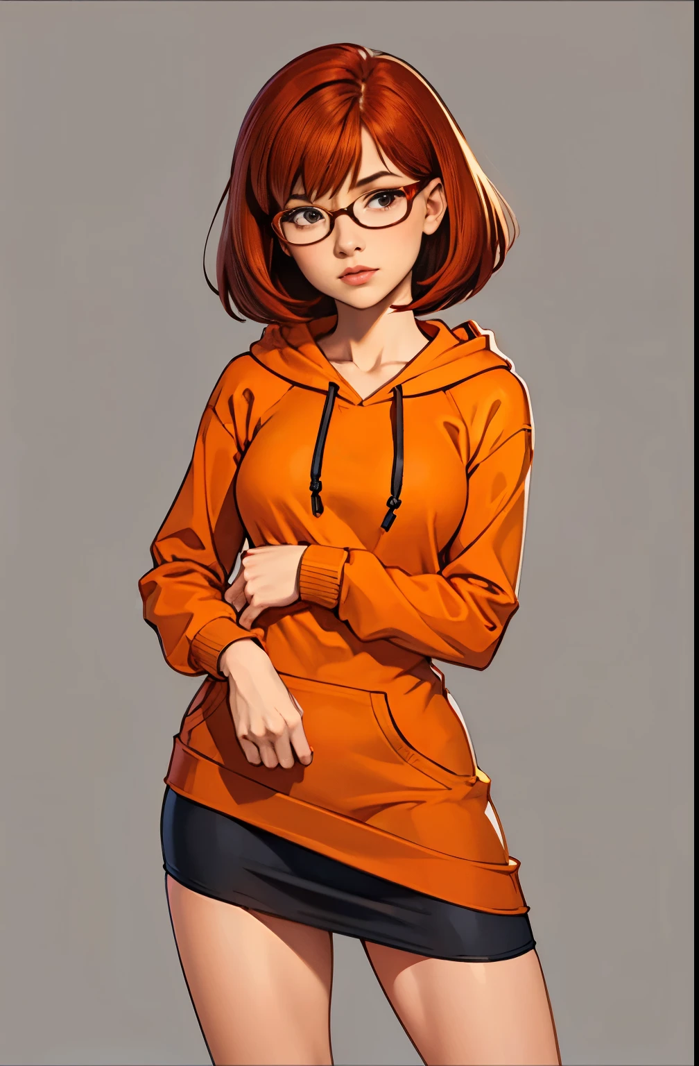girl, hot, portrait, small breasts, slim, short red hair, bangs, glasses, velma dinkley, warm, soft or colored lips, orange hoodie, mini skirt, simple background, plain colors, perfect hands, perfect anatomy,
