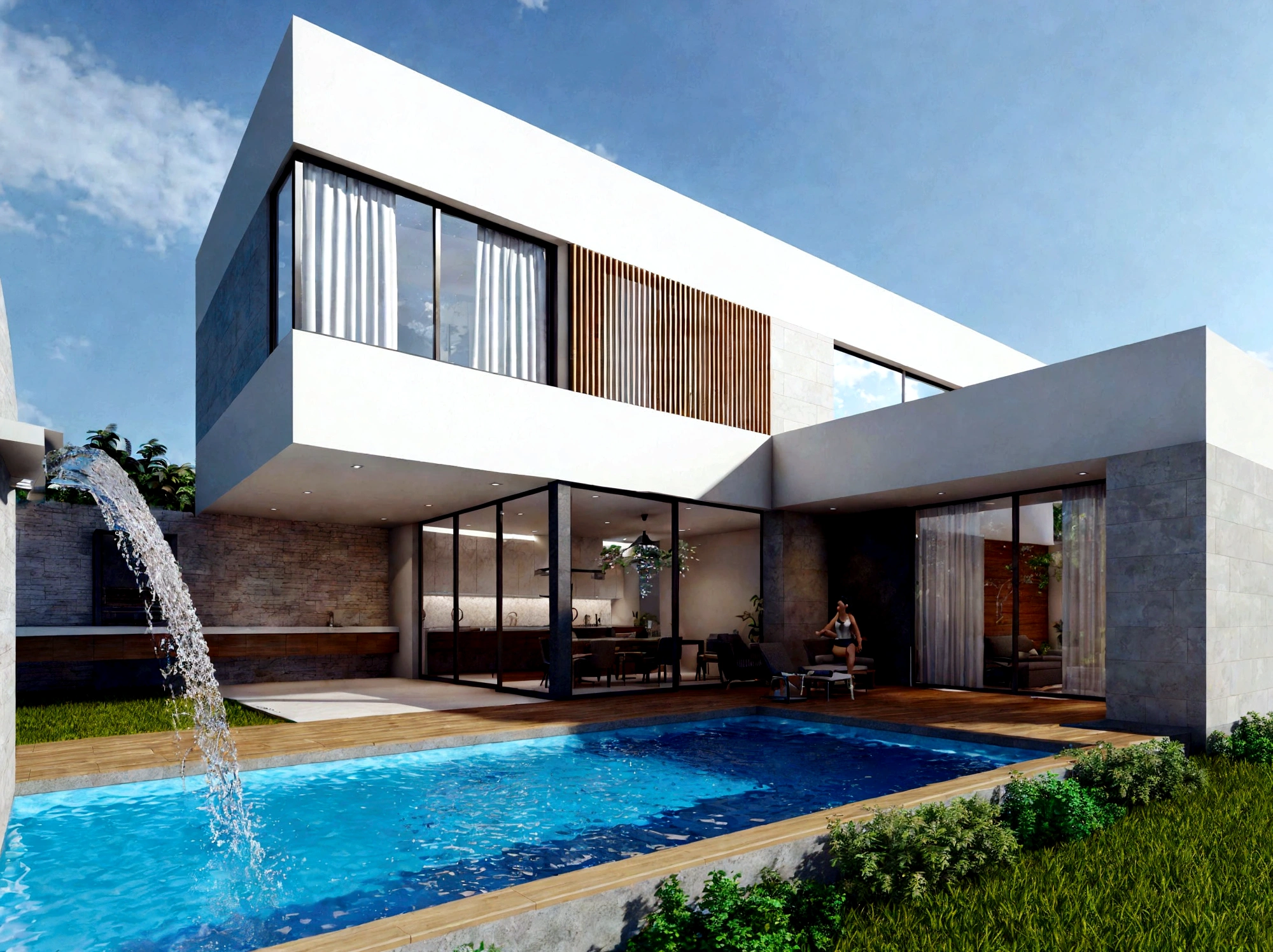 rendering of a modern house with a pool and a waterfall, architectural visualization, contemporary house, concept house, high quality rendering, architectural render, modern house, architectural visualisation, architectural rendering, 3d rendering, 3 d rendering, inter dimensional villa, lumion render, architectural 3 d render, award-winning render, highly rendered!!, a photorealistic rendering, 4k, ultrarealista