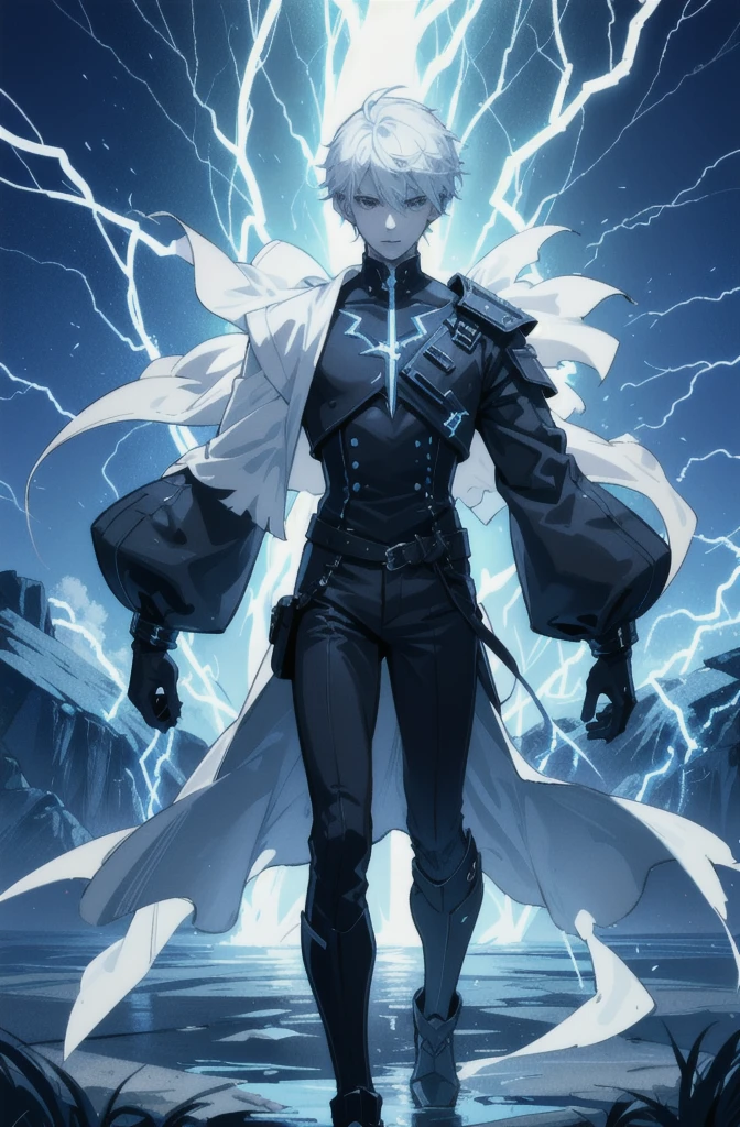 A 15-year-old teenage boy with an albino skin tone. He is an engineer and artificer, without facial or body hair. His hair is short and straight, colored white. The boy is wearing a futuristic cyberpunk in black and blue, futuristic style clothes, adorned with white lightning patterns. He is surrounded by an aura of white lightning, with a background featuring a scenery of rapid lightning and thunder. Thunder powers.