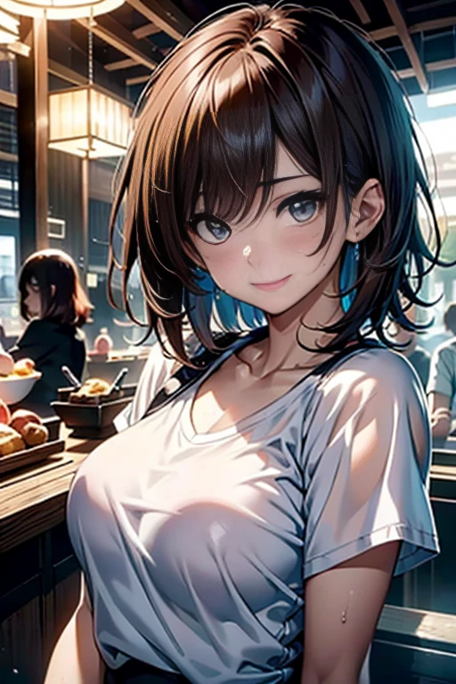 Blushing、Laugh shyly、(Beautiful girls)、(Brown short hair),D Cup、Dreamy eyes、A smile that captivates the viewer、Take a look at the photographer、Sweaty skin、Staring at the audience、White T-shirt,Perfect round face,,Proper body balance,Intricate details,Very delicate and beautiful hair,Photo Real,dream-like,Professional Lighting,Realistic Shadows,Focus Only,Detailed clothing features,Detailed hair features,Detailed facial features,Highest quality,Ultra-high resolution output images,) ,(8K quality,),(SeaArt 2 Mode.1:1.3),,(Picture Mode Ultra HD,)