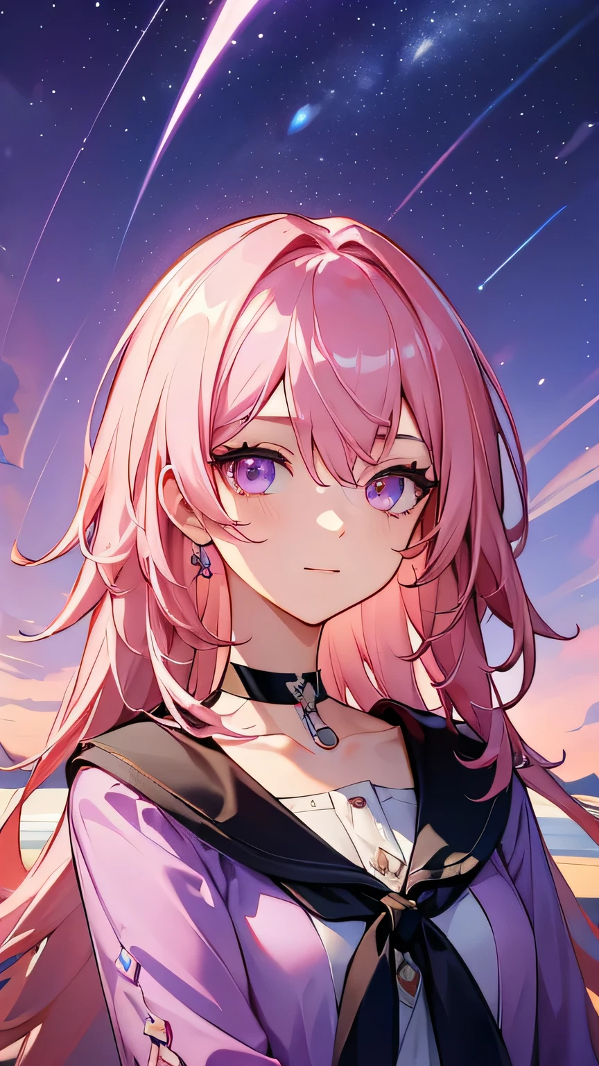 pov, ((masterpiece)), (super detail), perfect face, high detailed eyes, textured skin, high quality, highres, pink hair, hair over shoulder, crossed bangs, shiny hair, eye reflection, Choker, purple clothes, casual clothes, Meteor, light torrent background