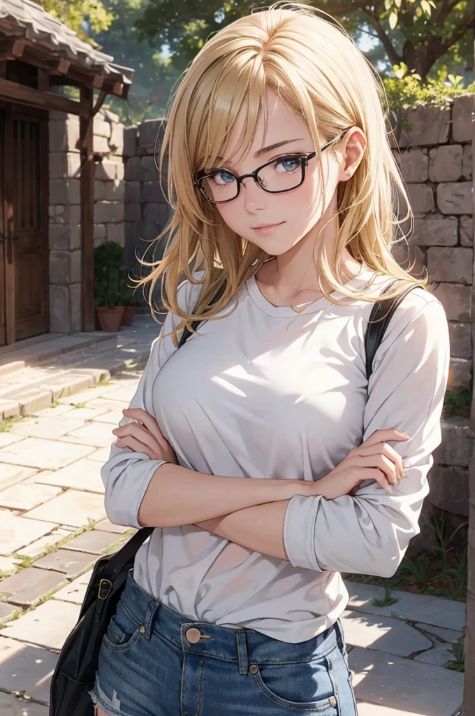 最high quality, high quality, High resolution, high quality texture, high quality shadows, High resolution, Beautiful details, Detailed CG, Detailed Texture, Realistic representation of face, Realistic, colorful, delicate, Cinematic Light, Side light, Lens flare, Ray Tracing, sharp concentrated, (1 Girl,concentrated:1.3), ( Intricate details, compensate, PureErosFaceV1:0.5), (細部まで美しいdelicateな顔, 緻密で美しいdelicateな瞳, Perfect Facial Proportions, Dense skin, Optimal ratio of four fingers to one thumb, Modest chest, Beautiful Hips, Smooth upper abdomen, blue eyes , glasses ,White shirt, Denim pants ,trekking shoes, , Backpack,   ,buzzer, blue sky,adventure journey ,the gaze of true love, lips of temptation, A look full of compassion ,a smile full of love, Acting lovey-dovey, waist up, 35 years old, hiking,house wife,show off nipples under white shirt, air fortress hair, blonde hair,jordan,Petra Ruins
