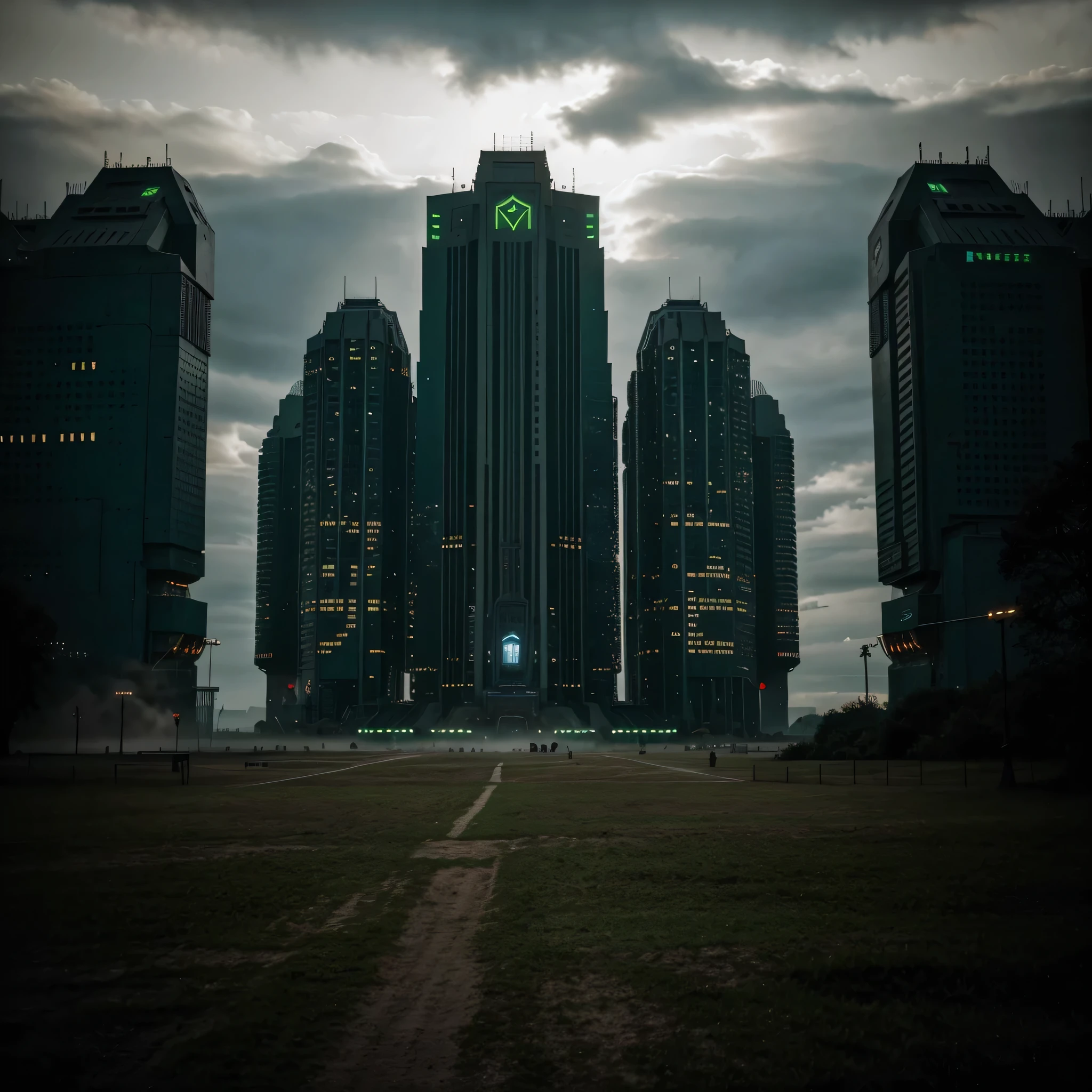 Scene of a futuristic war on a sci fi planet lot of details,cloudy day, dark cinematic lights cinematic lights best quality,4k,8k,highres, t Dark and green landscapeatmosphere that conveys sadness, 8k, ultra realistic, dramatic lighting.