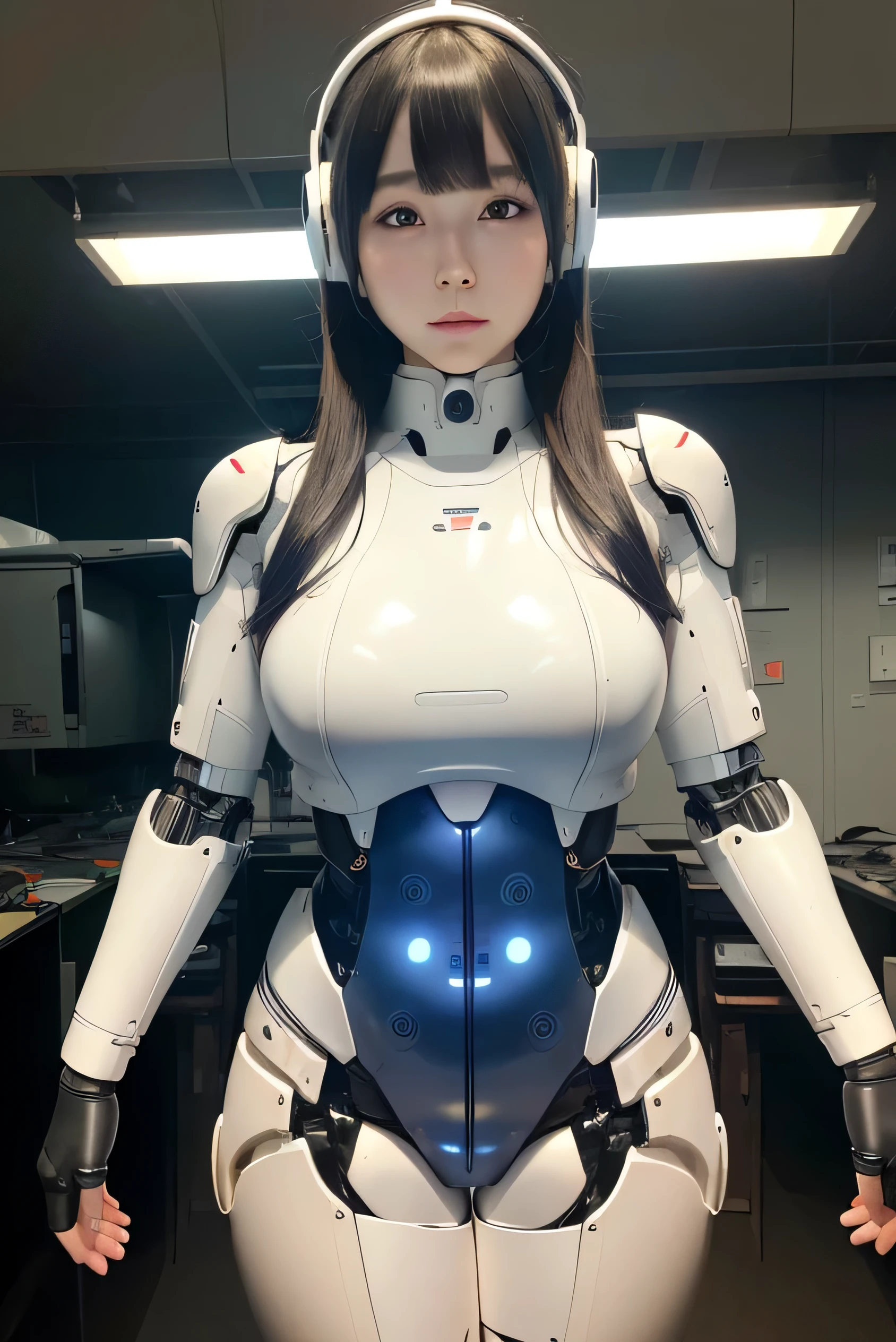 masterpiece, Best Quality, Extremely detailed, Japaese android gid,Plump , announcer,control panels,android,Droid,Mechanical Hand, ,Robot arms and legs, Black hair,Mechanical body,Blunt bangs,White Robotics Parts,perfect robot woman,Charging spot,Long Tube,A thick cable was connected to her neck,ceramic body ,Mechanical body, mechanical ear covers,android,robot humanoid,a bit chubby,fat,panty,perfect mechanical body,white robotics body,future laboratory,android factory,mechanical ear cover,white and blue uniform,costume with blue accents,