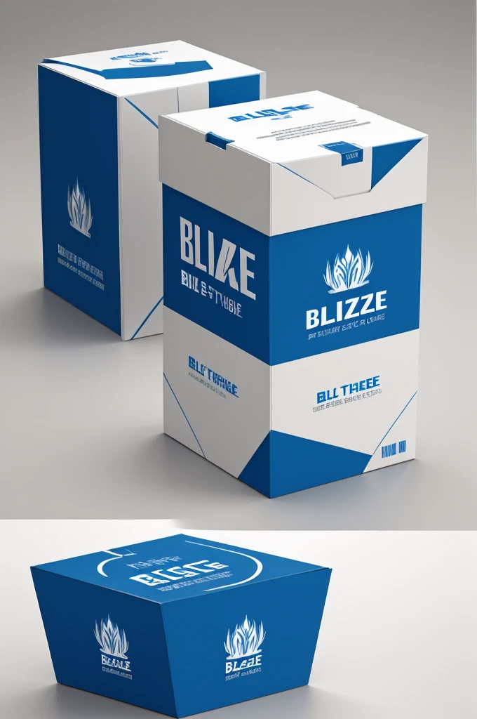 Mock up, A box packaging, blue and white colors with a text “ BLAZE” at the middle of the front , modern style