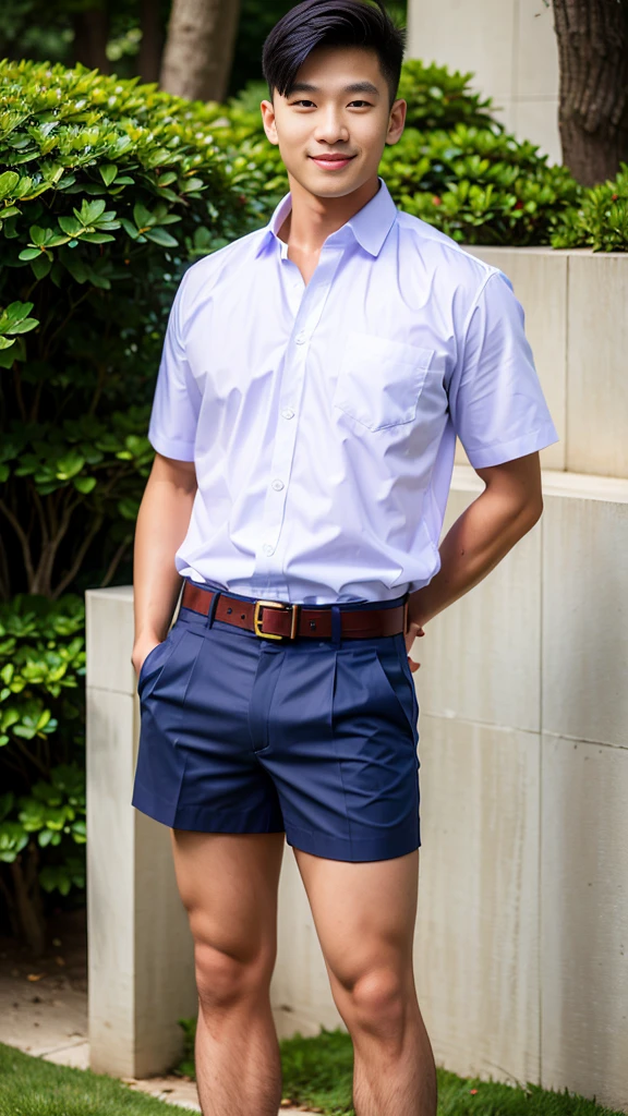 Teenage Thai-korean guy 18 years old, skinny fat body,no abs, shirtlessnot wearing a trousers, wearing blue underwear on bottom,no pants, garden in front of tower in Bangkok, evening ,Wear a necktie, no wearing pants , light blue underwear.