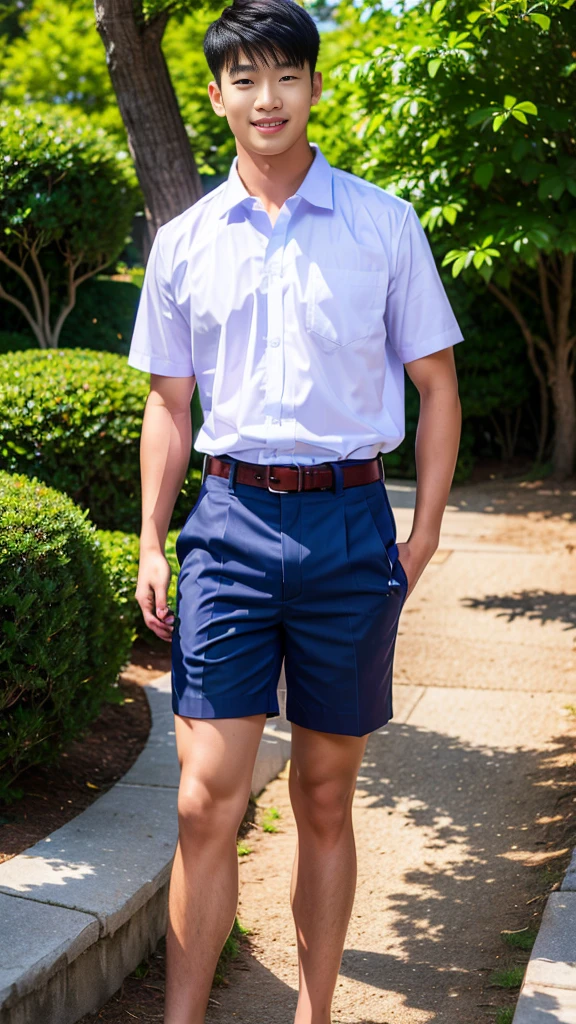 (Create a masterpiece: 1.2),(CGI art:1.3),(realistic:1.5),(After processing:1.3),(Sharp focus:1.3),10,1 man, smile, (Wear a white school shirt.), (Dark blue shorts:1.2),brown belt, Korean guy , korean men, (High gloss details), chest muscles, large arm muscles, blood vessel, Big muscles, Broad shoulders, looking at the audience, Balancing the eyes, forest, mountain, (Make eye contact)