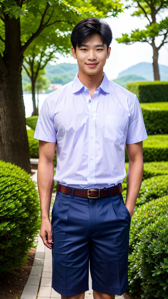 (Create a masterpiece: 1.2),(CGI art:1.3),(realistic:1.5),(After processing:1.3),(Sharp focus:1.3),10,1 man, smile, (Wear a white school shirt.), (Dark blue shorts:1.2),brown belt, Korean guy , korean men, (High gloss details), chest muscles, large arm muscles, blood vessel, Big muscles, Broad shoulders, looking at the audience, Balancing the eyes, forest, mountain, (Make eye contact)