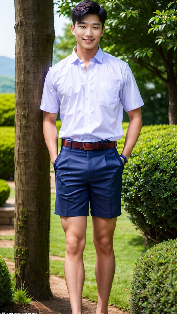 (Create a masterpiece: 1.2),(CGI art:1.3),(realistic:1.5),(After processing:1.3),(Sharp focus:1.3),10,1 man, smile, (Wear a white school shirt.), (Dark blue shorts:1.2),brown belt, Korean guy , korean men, (High gloss details), chest muscles, large arm muscles, blood vessel, Big muscles, Broad shoulders, looking at the audience, Balancing the eyes, forest, mountain, (Make eye contact)