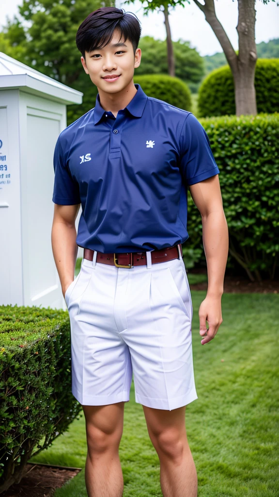 (Create a masterpiece: 1.2),(CGI art:1.3),(realistic:1.5),(After processing:1.3),(Sharp focus:1.3),10,1 man, smile, (Wear a white school shirt.), (Dark blue shorts:1.2),brown belt, Korean guy , korean men, (High gloss details), chest muscles, large arm muscles, blood vessel, Big muscles, Broad shoulders, looking at the audience, Balancing the eyes, forest, mountain, (Make eye contact)