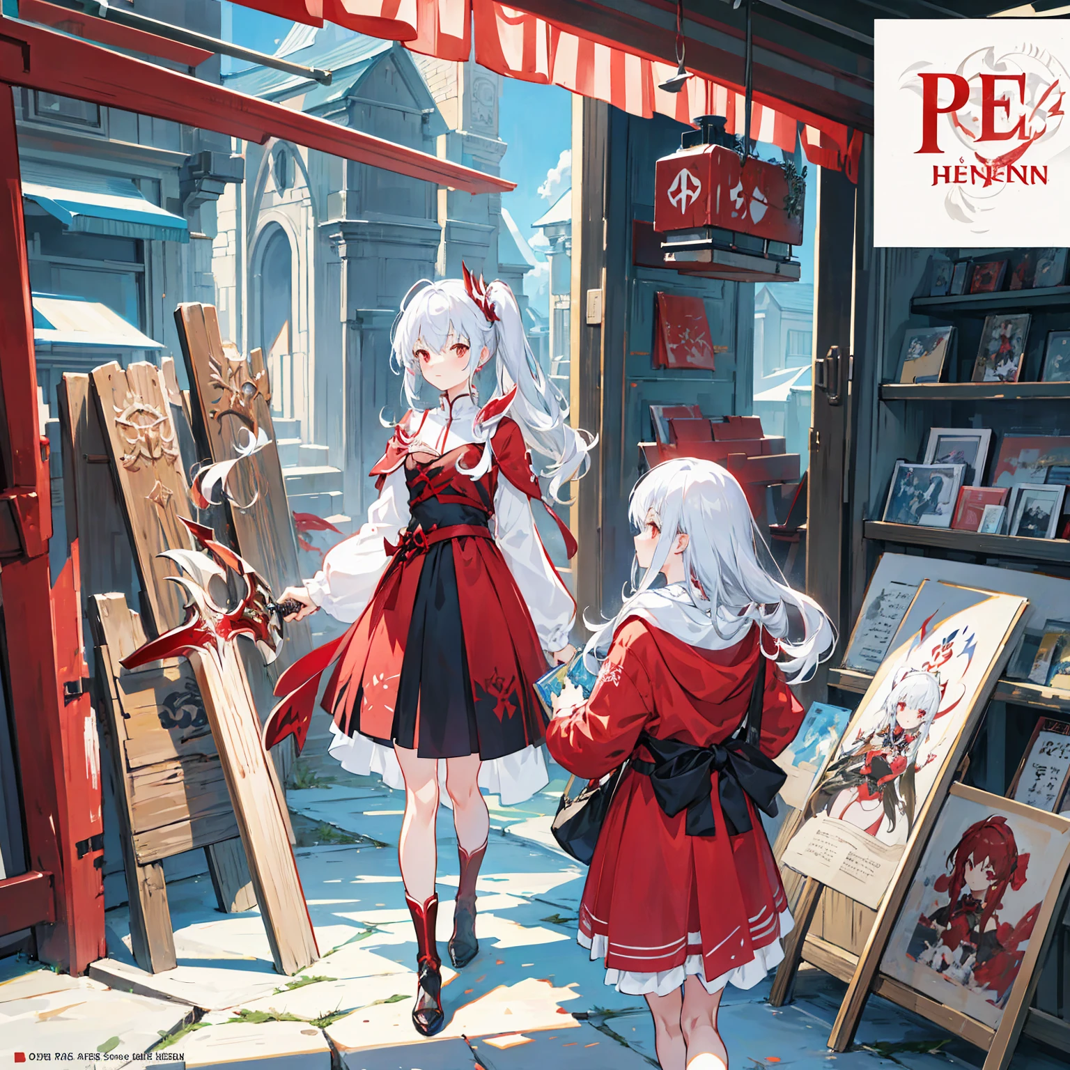 Wearing a red and white dress、anime girl holding sword, Highly detailed official artwork, Epic Light Novel Cover Art, epic Light novel cover art, Silver and red armor, guweiz on pixiv artstation, Anime style 4K, Detailed key animation art, Light novel cover art, Anime Fantasy Artwork,White hair and red eyes,Side Ponytail,Waist-length hair,1 Girl,Portraiture,Reading