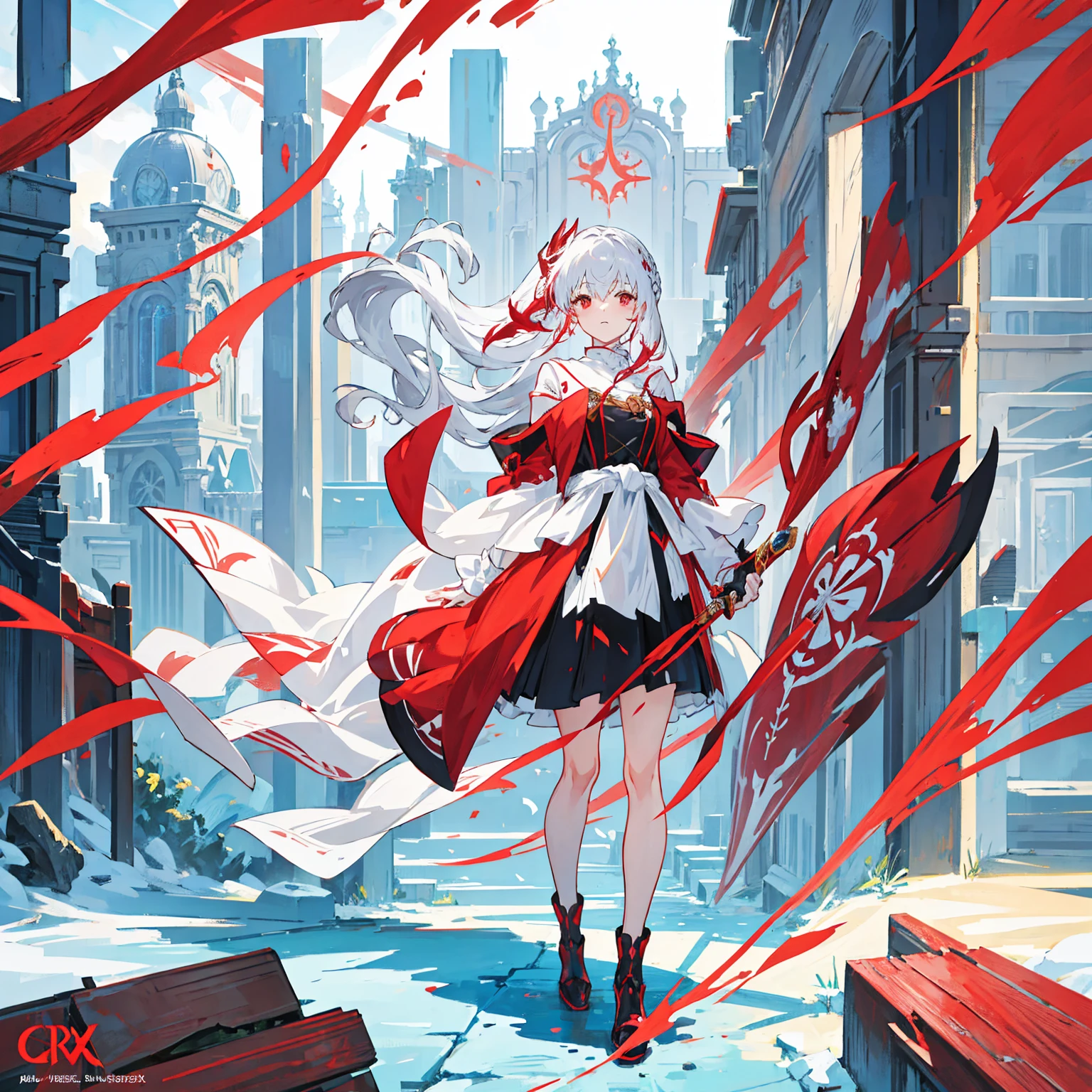 Wearing a red and white dress、anime girl holding sword, Highly detailed official artwork, Epic Light Novel Cover Art, epic Light novel cover art, Silver and red armor, guweiz on pixiv artstation, Anime style 4K, Detailed key animation art, Light novel cover art, Anime Fantasy Artwork,White hair and red eyes,Side Ponytail,Waist-length hair,1 Girl,Portraiture,Reading