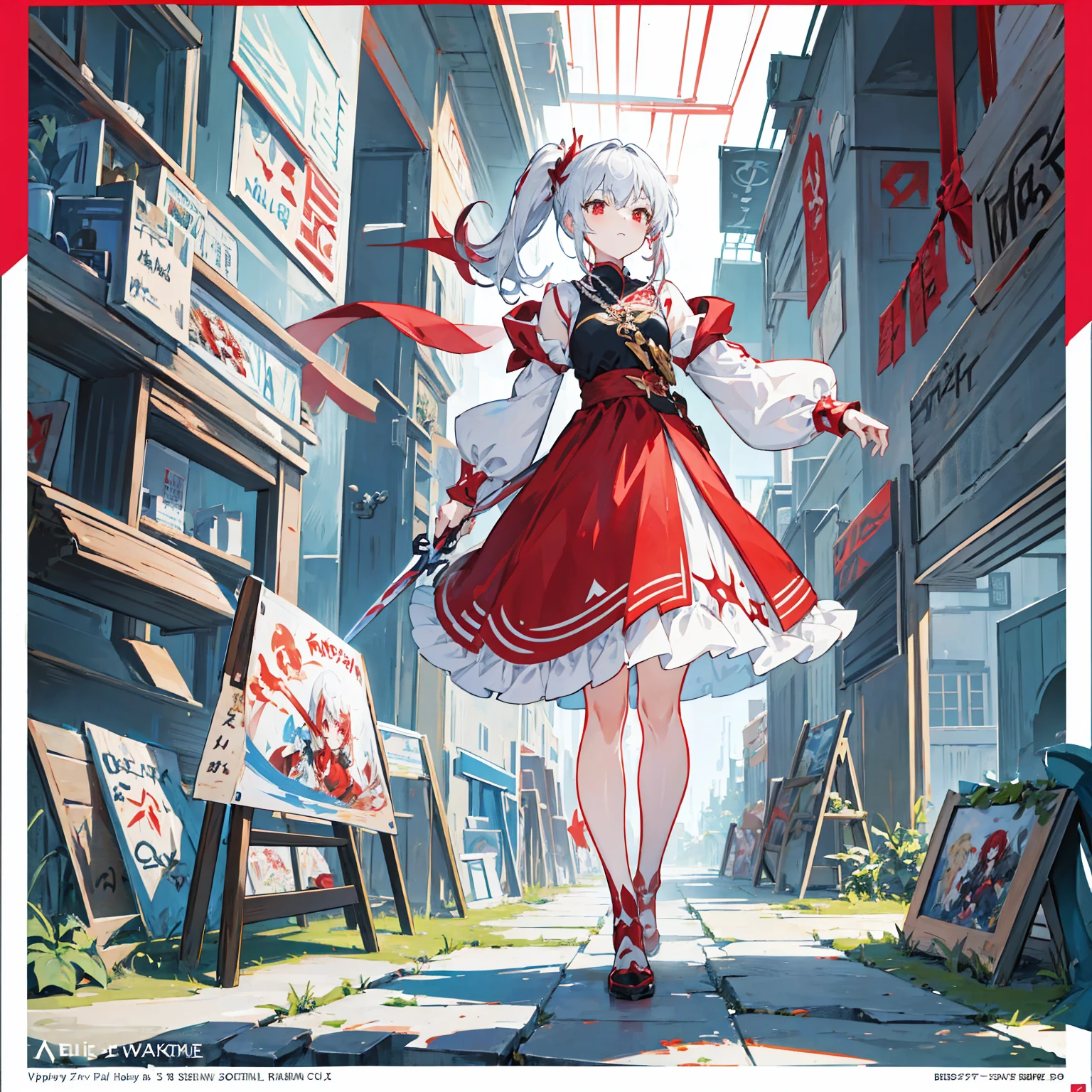 Wearing a red and white dress、anime girl holding sword, Highly detailed official artwork, Epic Light Novel Cover Art, epic Light novel cover art, Silver and red armor, guweiz on pixiv artstation, Anime style 4K, Detailed key animation art, Light novel cover art, Anime Fantasy Artwork,White hair and red eyes,Side Ponytail,Waist-length hair,1 Girl,Portraiture,Reading