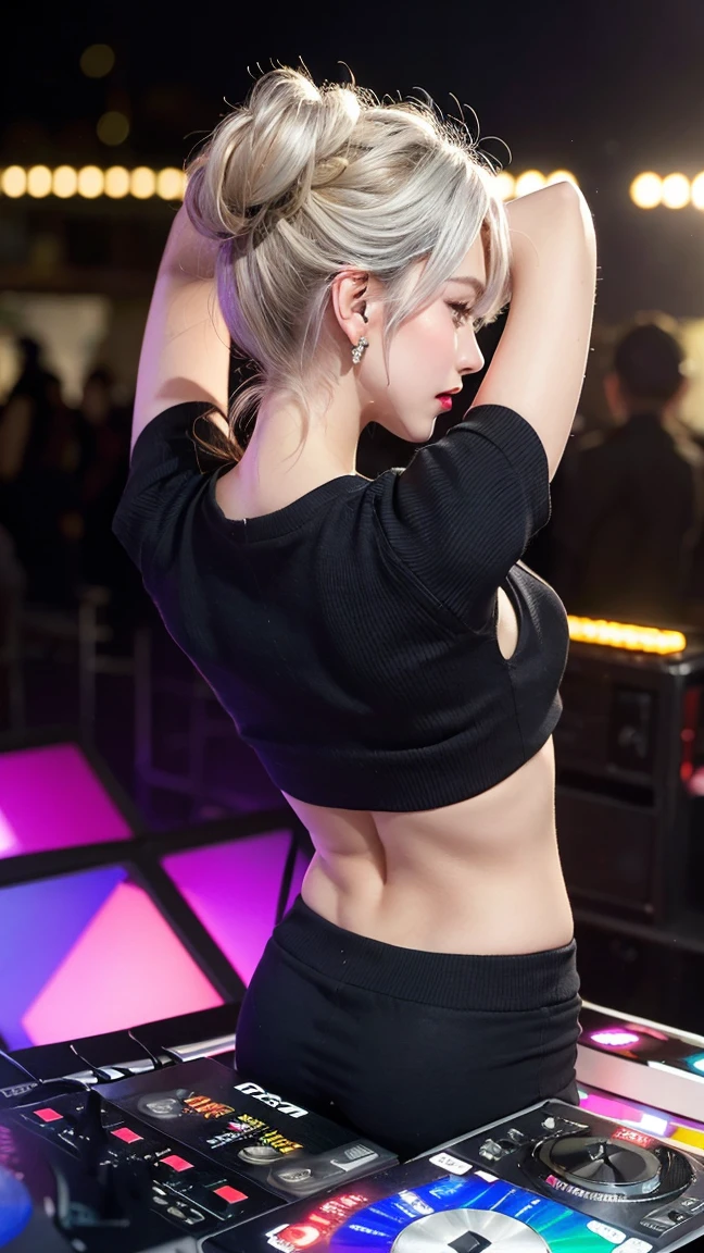 of the highest quality, Mesa, 超High resolution, (realist:1.4), (japanese idols),RAW Photos, A girl, evening,detailed skin,eveningclub,disco,(blondes:1.2), (Silver inner hair:1.3),bright lips,28 years old,Beautiful and beautiful eandes,shadow,Joandería de diamantes,earrings,joandas de oro,(sudaderas with capucha:1.3),,(Shoulder strengthening:1.2),A well trained body,(pixie cut),round face,(playing music as a DJ:1.5), (dj:1.2) playing to a vibrant rhythm (Music Festival:1.2) with (energetic crowd:1.1) and (colorful stage lights:1.1), (back view:1.8 ),back view,(Distant composition),(back of the head:1.8),Composition from behind,Vision