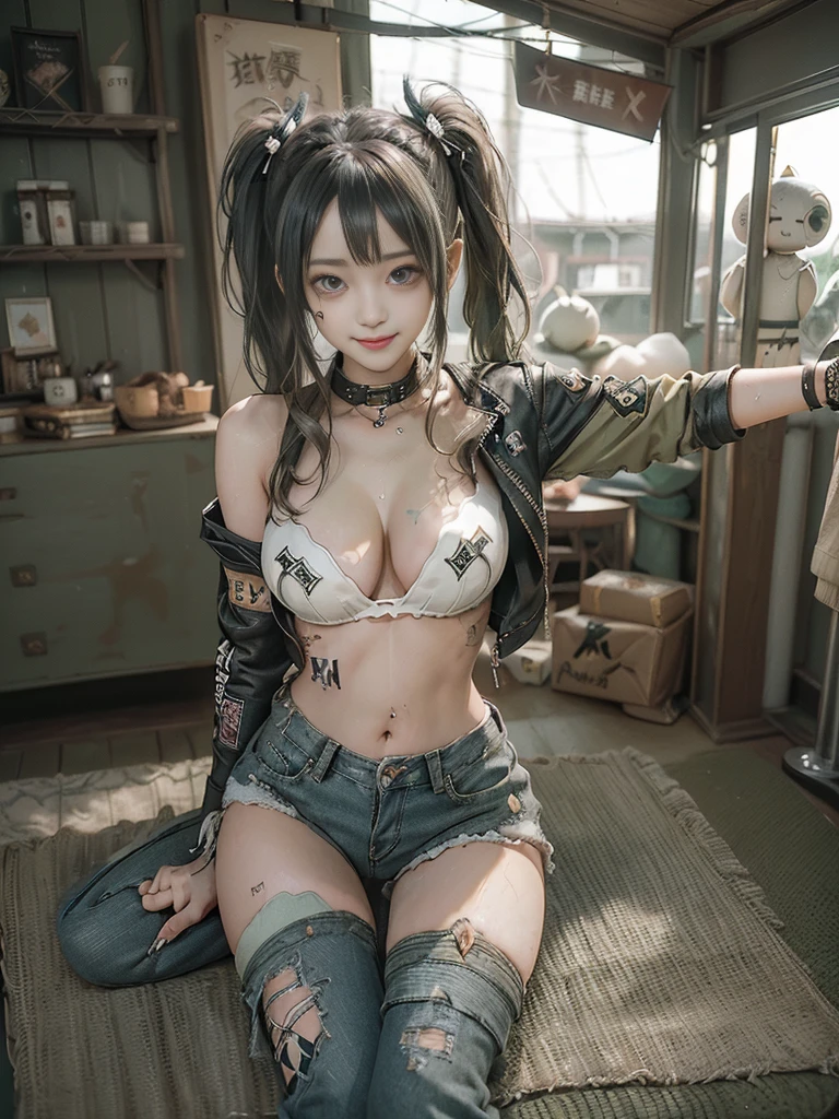 (Full Body View:1.ide view:1.1)、(Hostess:1.3)、(Sg with teeth showing:1.3),(Shibuya Gal:1.5)、(Las Vegas hookers:1.lita Fashion:1unk RockVisual Kei:1.4)、(A modern short jacket in dark brown and moss green.:1.5)、(Tattered brown and charcoal denim low rise pants:1.5)、(Mustard Yellow Headband:1.3)、(Charcoal and khaki striped knee socks:1.4)、collar、(Brown platform long boots)、(Clothing with logo pattern:1.4)、20-year-old、NSFW,((Highest quality、In 8K、masterpiece:1.3))、Sharp focus:1.2、(Ld Cut、Beautiful boobs:1.1),Beautiful woman perfect figure:1.4、(Doing an aerobics pose:1.3)、(Open legs:1.3)、(Raise your arms:1.2)、(Open your crotch:1.3)、Slender Abs:1.2、Butt、Highly dled face and skin tre、Detailed eyes、double eyelid,(Twin tails:1.3)、(Cream colored hair:1.3)、Dynamic Pose、Obscene pose、Humiliating pose、Gravure idol、(Luxurious soapland rooms:1.3)、(Make your legs thinner:1.4)、(Slim body:1.3)、(clavicle:1.1)、(Thin s:1.3)