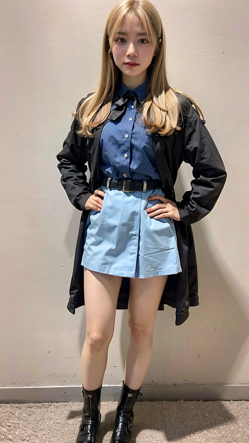 (8K、RAW Photos、Highest quality、masterpiece:1.2)、(Realistic、Realistic)、1 Girl、((city、Check jacket、、Black mini skirt、Ribbon on chest、blonde、Knee socks、boots、Big Breasts、look forward to、Stand with hands on hips))、