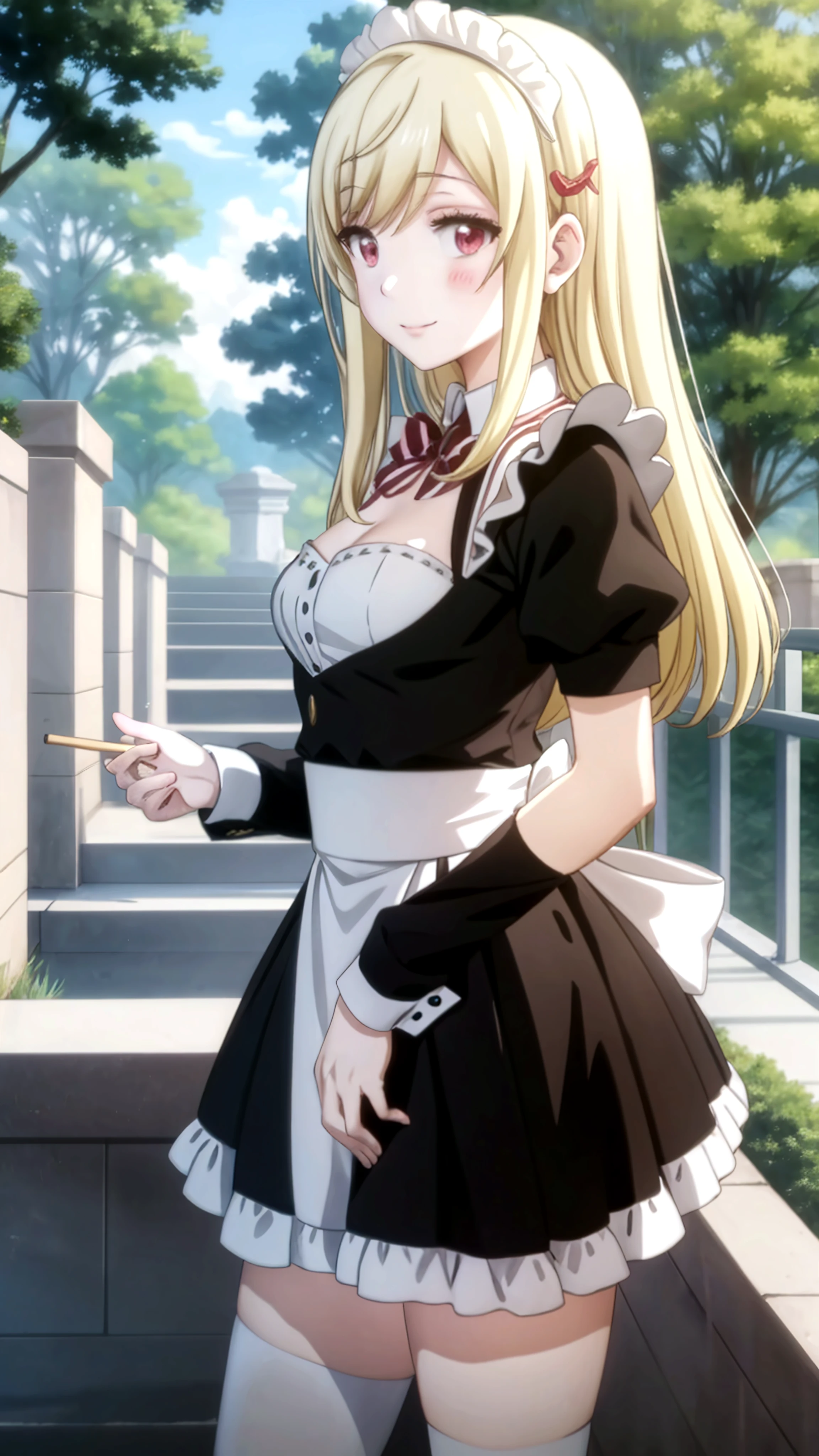 one woman, alone, ((big: 1.4)), ((high resolution)), ((Masterpiece)), ((best quality)), (very detailed)), big_File size, Full color, Detailed background, long yellow hair, Green Eyes, (eyeliner),maid, Maid outfit, red, sit, nighttime, rose