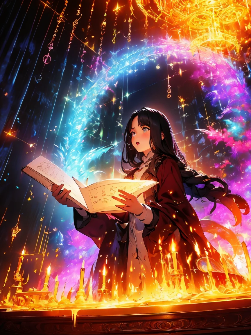 Mysterious glowing spell casting girl, Fantasy Rainbow Forest, Vibrant colors, Fantastic lighting, Detailed leaves, Magical atmosphere, Fascinating views, Dreamy atmosphere, Sparkling Sparkle, Loose-fitting robes, small spell, Mysterious creatures, Magic Tree, Sparkling Stream, Radiant Energy, Mystical symbols, Surreal beauty, Otherworldly landscapes, Swirling Mist, Magic in the air, A magical moment, A fascinating sight, Mysterious Essence, Magic spells, Mysterious Aura, Captivating Charm, Captivating audience, Transcendental Experience, Magic Vortex, Hidden Secrets, Whimsical Creatures, Vivid charm, Enchanting atmosphere, Graceful Melody, Radiation, Otherworldly colors, Fascinating Movement, A joyful celebration in nature, Seductive Nymph, superpower, Pulsating Energy, Enchantment Spells, Fantastic Realms, Transcendental Experience,Western painting,old photograph,