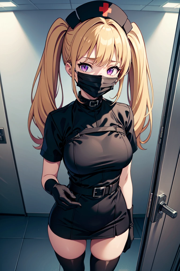 black nurse, 1girl, solo, black nurse cap, black nurse uniform, ((black legwear, zettai ryouiki)), black elbow gloves, twintails, yellow hair, purple eyes, ((black surgical mask, covered nose)), standing, ((surgery room)), sharp outline, short sleeves, best quality, masterpiece