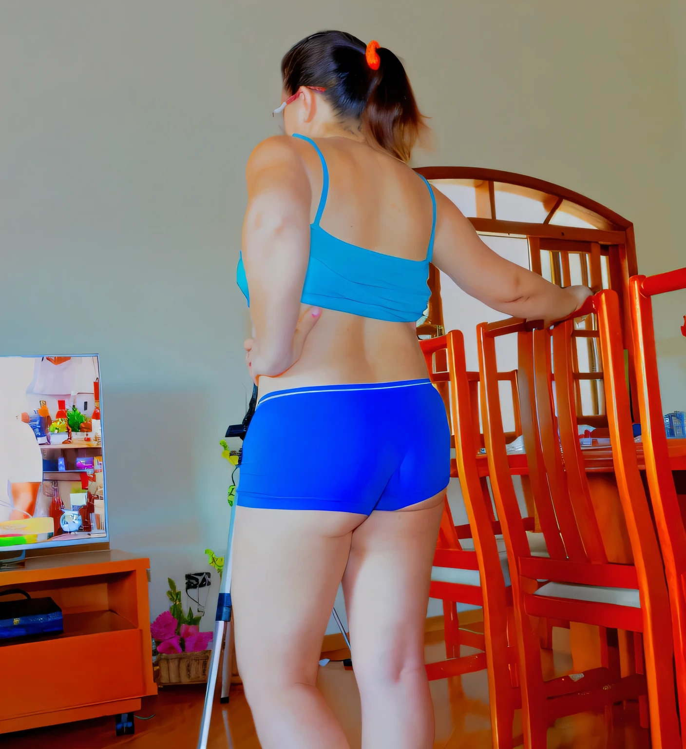 there is a woman in a blue bikini and a cane, back - shot, side shot, sport bra and dark blue shorts, rear-shot, back shot, backview, sport bra and shorts, in shorts, waist - shot, blue shorts, sexy girl wearing shorts, hot girl, backshot, rear shot, long shot from back