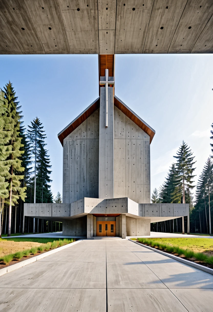 Exterior perspective of a contemporary Catholic church, modern architecture style, concrete materials, central cross, forest setting, wide angle camera shot, realistic image quality