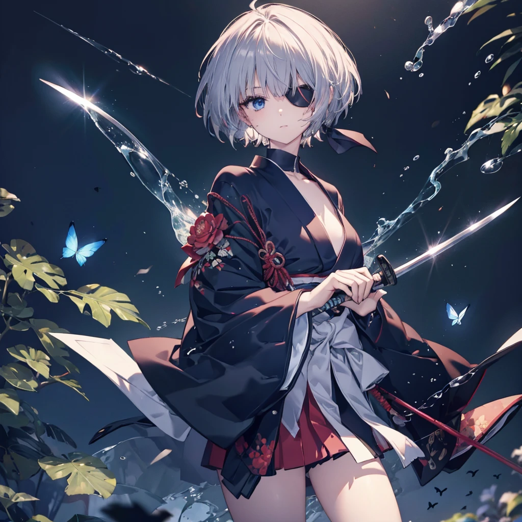 (((1 person　Put on an eye patch　Gray Hair)))　((High resolution　short hair　Black kimono　red streak　Shoulder　Rin々Funny face　knifeを構える))　((Black Band　samurai　Lonely　despair　blue eyes　Close-up))　((Blue Butterfly　night　Japanese style　old　Shining Aura　garden　water surface　Catch the wind))　(dance　日本knife　knife　Slashing)　月night　moonlight　star　Draw your sword　Shining Background　Shining Edge