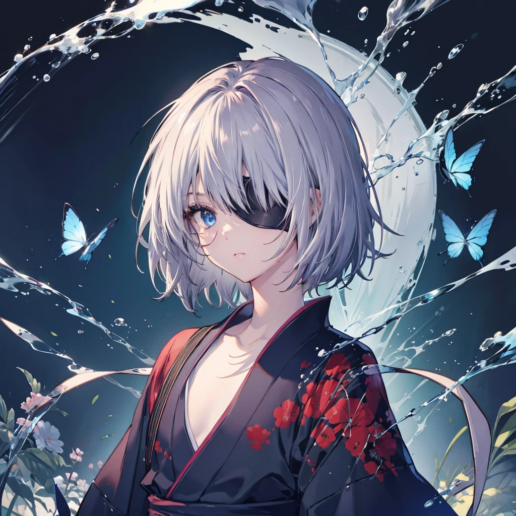 (((1 person　Put on an eye patch　Gray Hair)))　((High resolution　short hair　Black kimono　Shoulder　Rin々Funny face　Hold the knife in front of your chest))　((Black Band　Samurai　Lonely　despair　Blue eyes　Close-up))　((Blue Butterfly　night　Japanese style　old　Shining Aura　garden　water surface　Catch the wind))　(dance　Japanese knife　knife　Slashing)　Moon night　moonlight　star　Draw your sword　Shining Background　Shining Edge