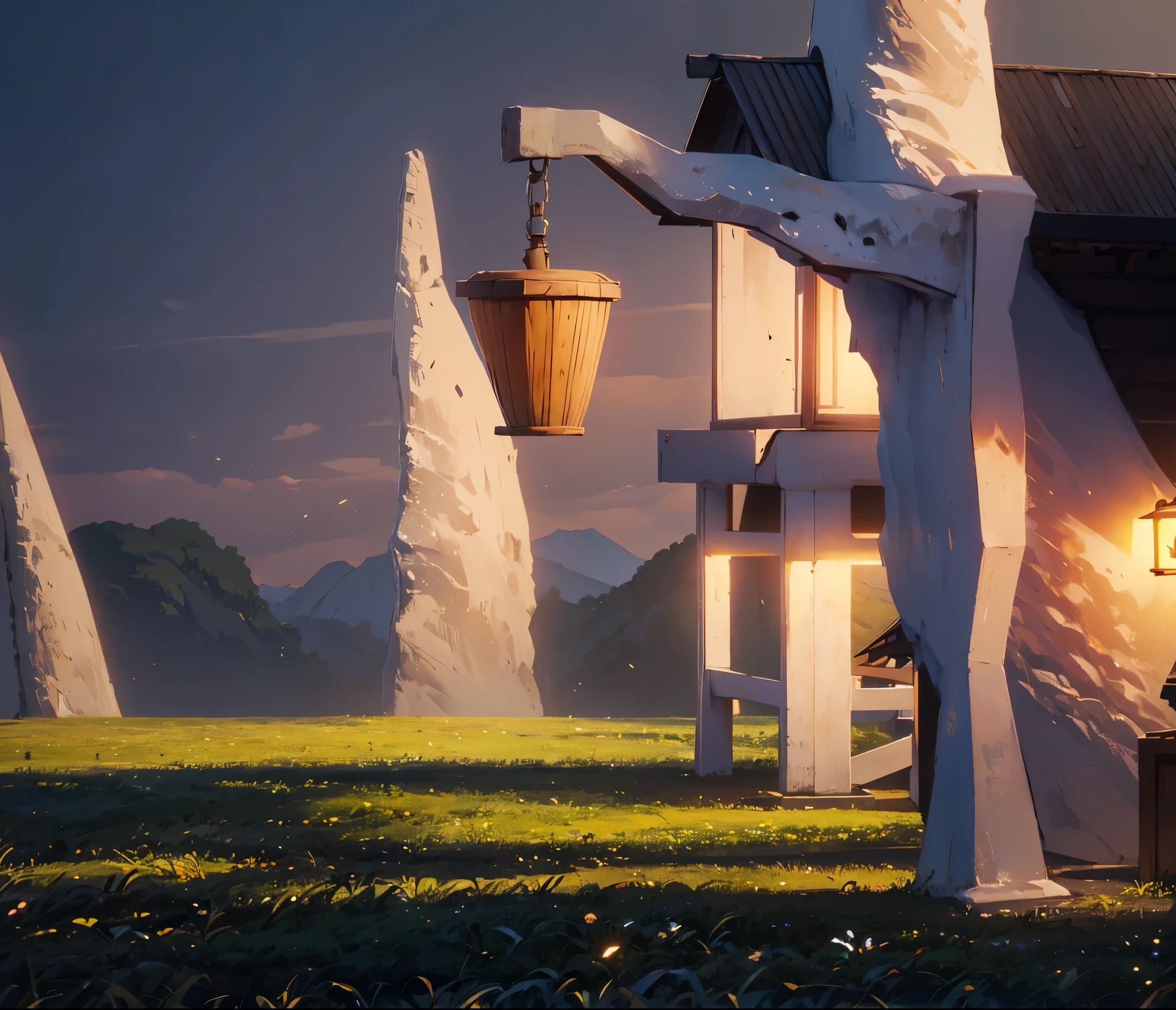 fantasy world, dirt ground, street lamp with pole made of wood, wooden stilt house, giant animal bones tower, early morning, dawn time,