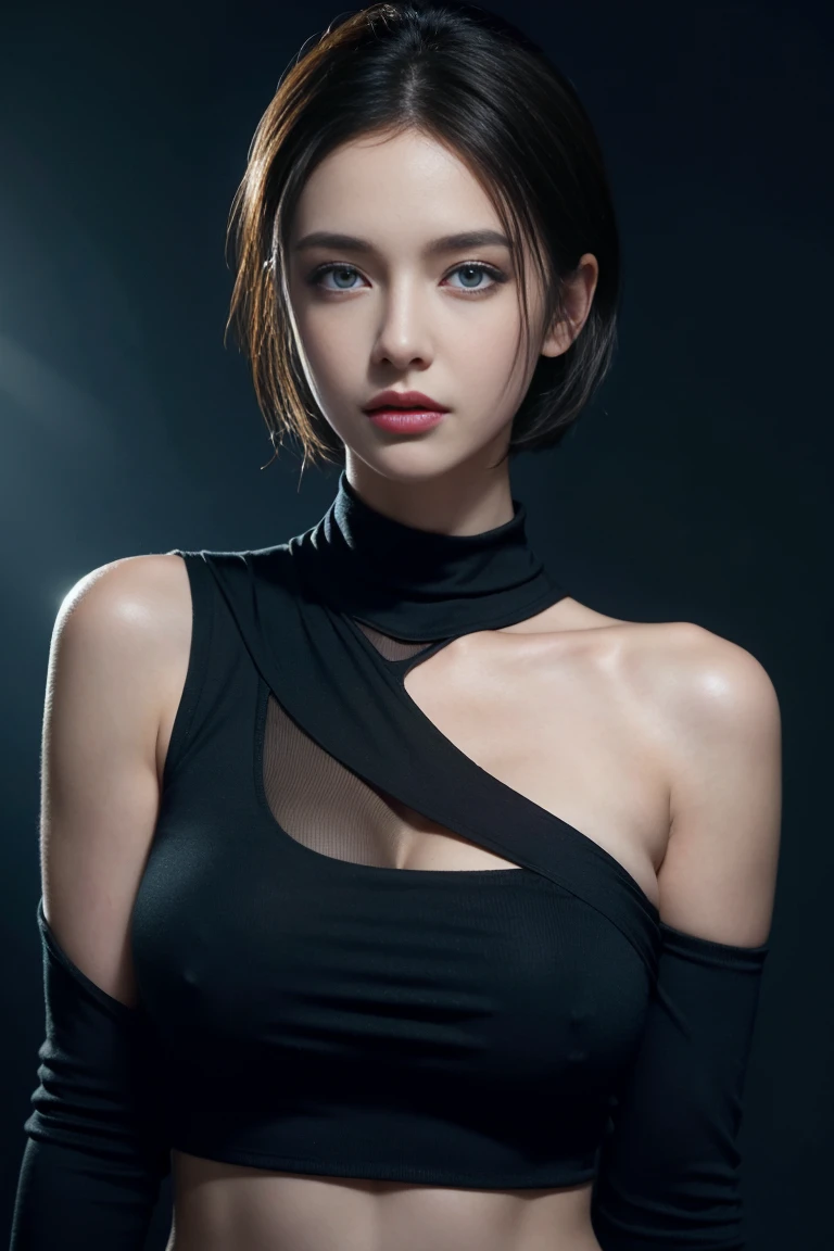 Skin Tight Black Top:1.2, Looking at Viewer, Cinematic lighting, Perfect, softlight, High resolution skin:1.2, Realistic skin texture, Realistic face, off shoulders, Exposed cleavage, Blue eyes, Short hair,dark brown hair、