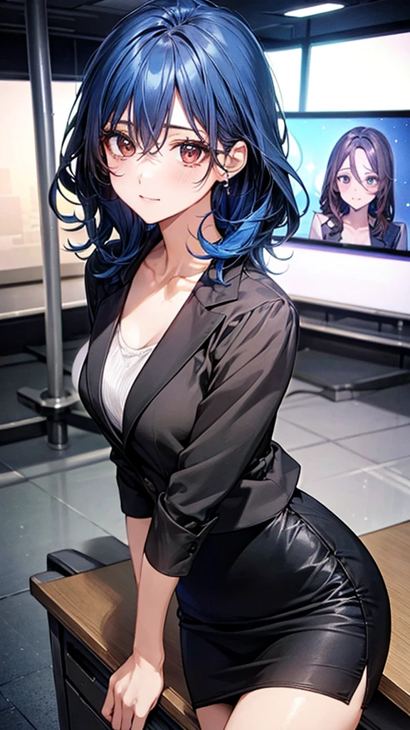((Highest quality)), ((High resolution)), ((masterpiece)), (detailed),
View your viewers, Written boundary depth, Anatomically correct, mature1People Women, Perfect Face, Cute and symmetrical face, Shiny skin,
(Medium Hair, Blue Hair), Hair between the eyes, Chestnut brown eyes, Long eyelashes, (Big Breasts:0.9),
Beautiful Hair, Beautiful Face, Beautiful details, Beautiful clavicle, Beautiful body, Beautiful breasts, Beautiful thighs, Beautiful legs,
(suit, Pencil Skirt, Shiny shirt), news caster, Conveying news, TV news studio set,
