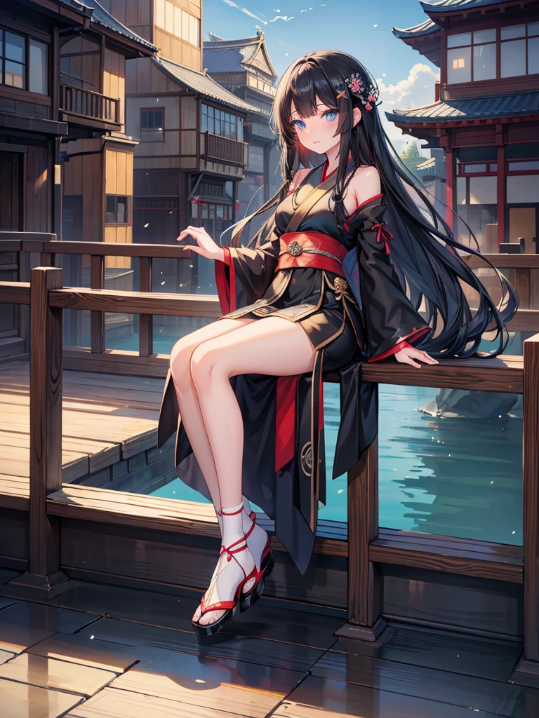 anime girl with long black hair and blue eyes sitting on a railing, an anime drawing by Shitao, pixiv, shin hanga, cute anime waifu in a nice dress, guweiz on pixiv artstation, full body xianxia, guweiz, seductive anime girl, anime moe artstyle, palace ， a girl in hanfu