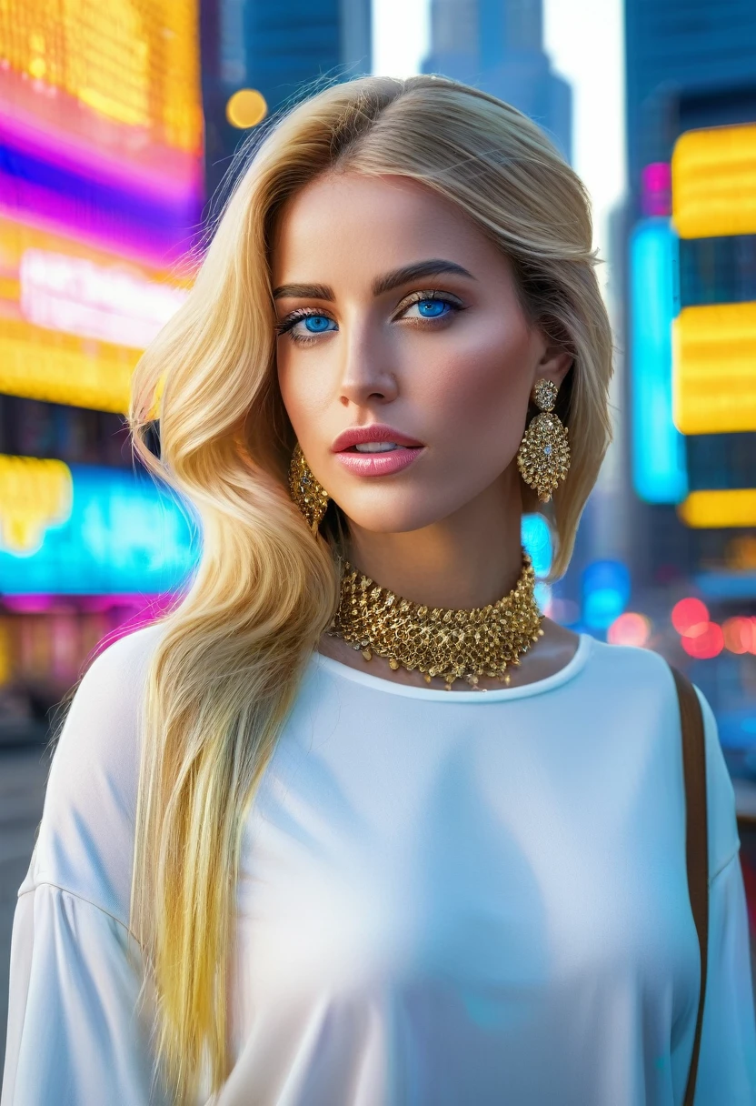 a stunning spanish woman with golden hair and piercing blue eyes, wearing fashionable clothing and jewelry, standing in front of a luxurious cityscape with skyscrapers and neon billboards, (best quality,4k,8k,highres,masterpiece:1.2),ultra-detailed,(realistic,photorealistic,photo-realistic:1.37),portrait,photography,cinematic lighting,detailed environment,vivid colors,fashion,luxury,cityscape