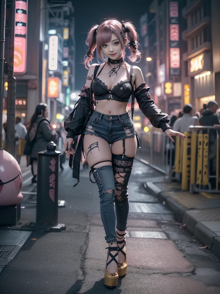 (Full Body View:1.3)、(Side view:1.1)、(Beautiful face:1.3)、(Smiling with teeth showing:1.3),(Shibuya Gal:1.5)、(Beverly Hills Whore:1.4)、(Neo-goth fashion:1.5)、(Punk RockVisual Kei:1.4)、(Modern white and red Barong:1.5)、(Tattered brown and charcoal denim bugle pants:1.5)、(Mustard Yellow Headband:1.3)、(Charcoal and khaki high heels:1.4)、collar、(We sell patterned underwear with logos.:1.4)、20-year-old、Browsing Caution,((Highest quality、In 8K、masterpiece:1.3))、Sharp focus:1.2、(Layered Cut、Huge breasts:1.1),Beautiful woman with perfect figure:1.4、(Dance vigorously:1.3)、Slim Abs:1.2、Butt、Highly detailed face and skin texture、Fine grain、double eyelid,(Twin tails:1.3)、(Pink Hair:1.3)、Obscene、Idol Sculpture、(A luxurious amusement park at night:1.3)、(Slimming your legs:1.4)、(The body is slim:1.3)、(clavicle:1.1)