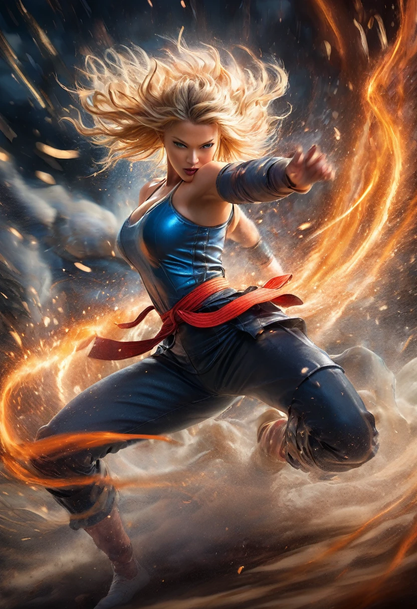 (best quality,4k,8k,highres,masterpiece:1.2),ultra-detailed,(realistic,photorealistic,photo-realistic:1.37),hyperrealistic,hyper detailed,cinematic lighting,volumetric lighting,dramatic shadows, A beautiful goddess of strength, blonde bombshell, master of martial arts, explosive anger, unleashing ki energy strike, telekinetic powers, in a high octane action pose, chaotic battlefield, inspired by Yoshitaka Amano, moody atmosphere,vibrant colors,glowing energy,dynamic movement,powerful expression,flowing hair,toned muscular body,flowing fabric,shattered ground,debris,smoke,energy sparks,dark cloudy sky